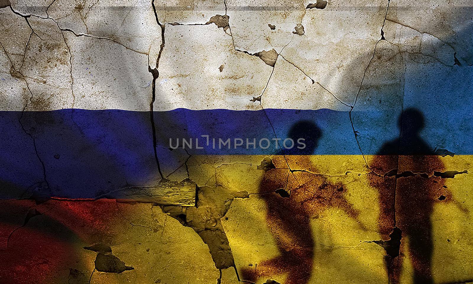 Russia vs Ukraine flag on cracked wall, concept of war between russia and ukraine, silhouette of soldiers on russia vs ukraine flag