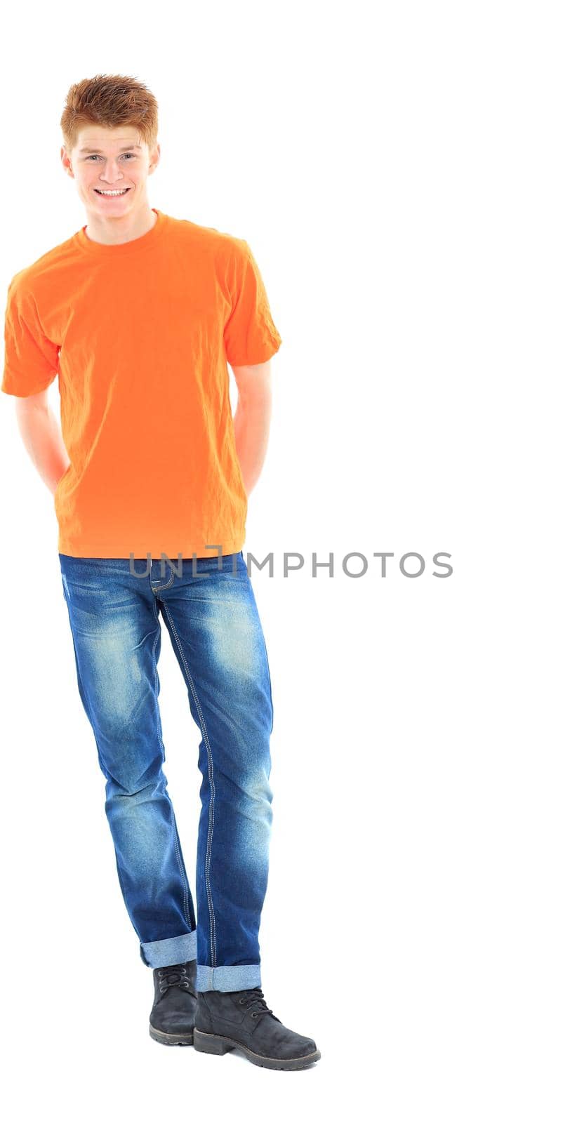 Portrait of handsome young man in casual clothes standing over white background by SmartPhotoLab