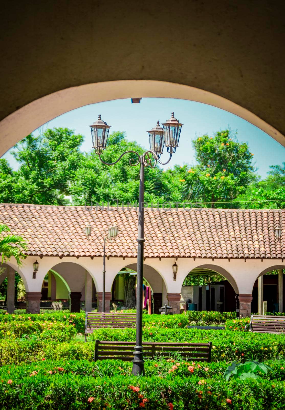 Lantern poles with copy space, A lantern pole in a garden, Lantern pole in a plaza, Public lighting pole