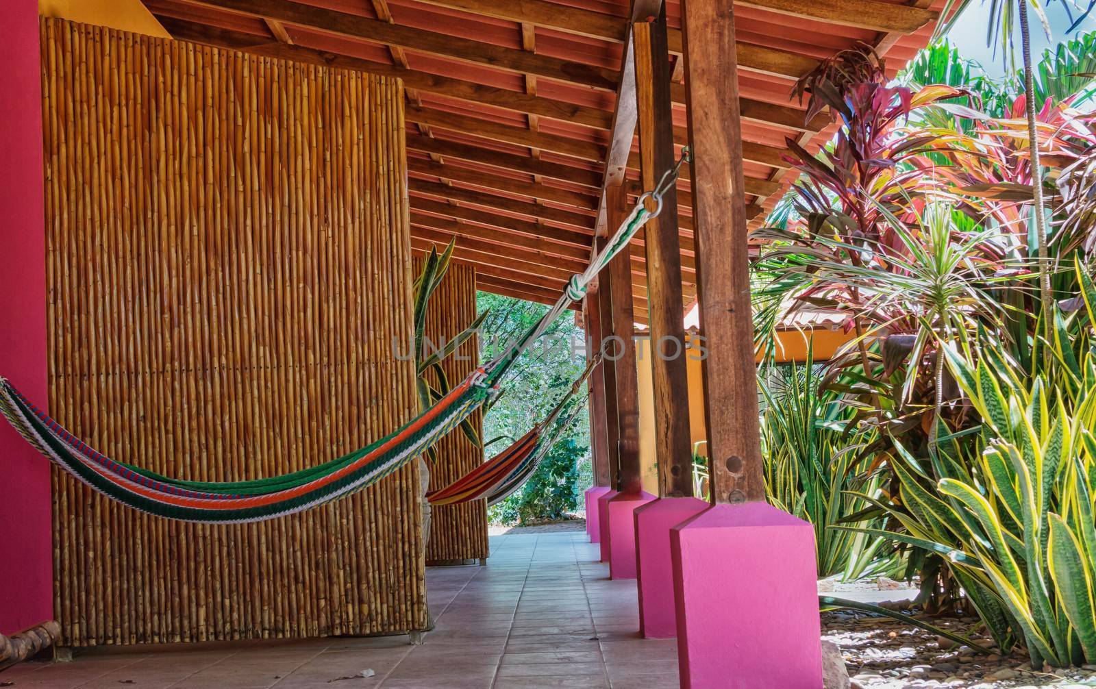 Close up of a holiday hammock, hammocks in a cabin with copy space, relaxation concept