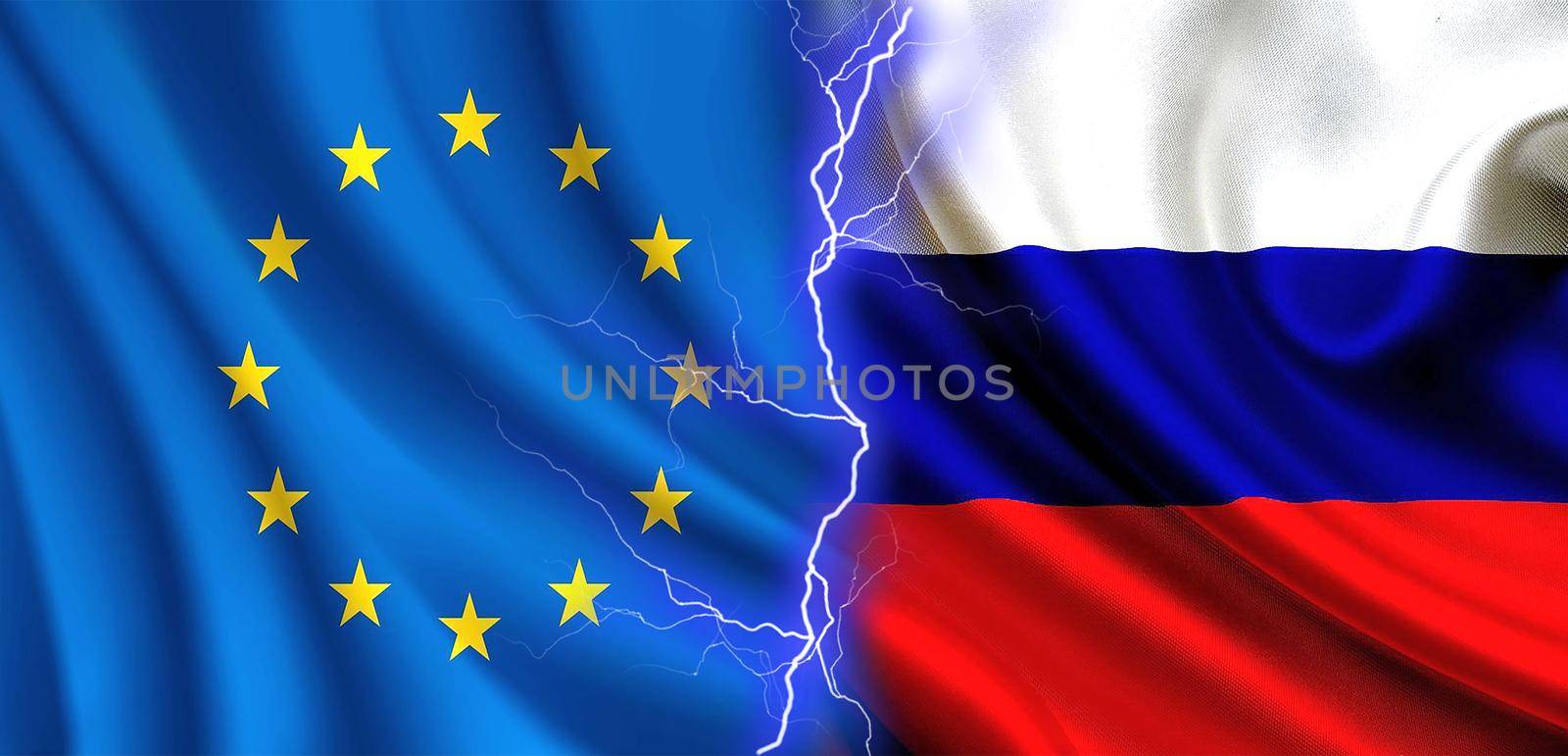 Russia vs european union, countries confrontation concept, european union flag vs russia flag, conflict of interest concept by isaiphoto