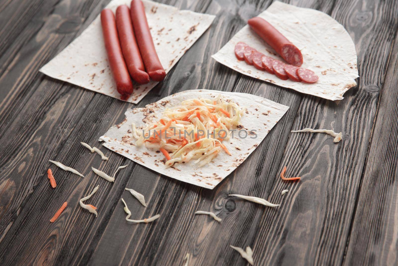 products for making sandwich Shawarma on wooden background.