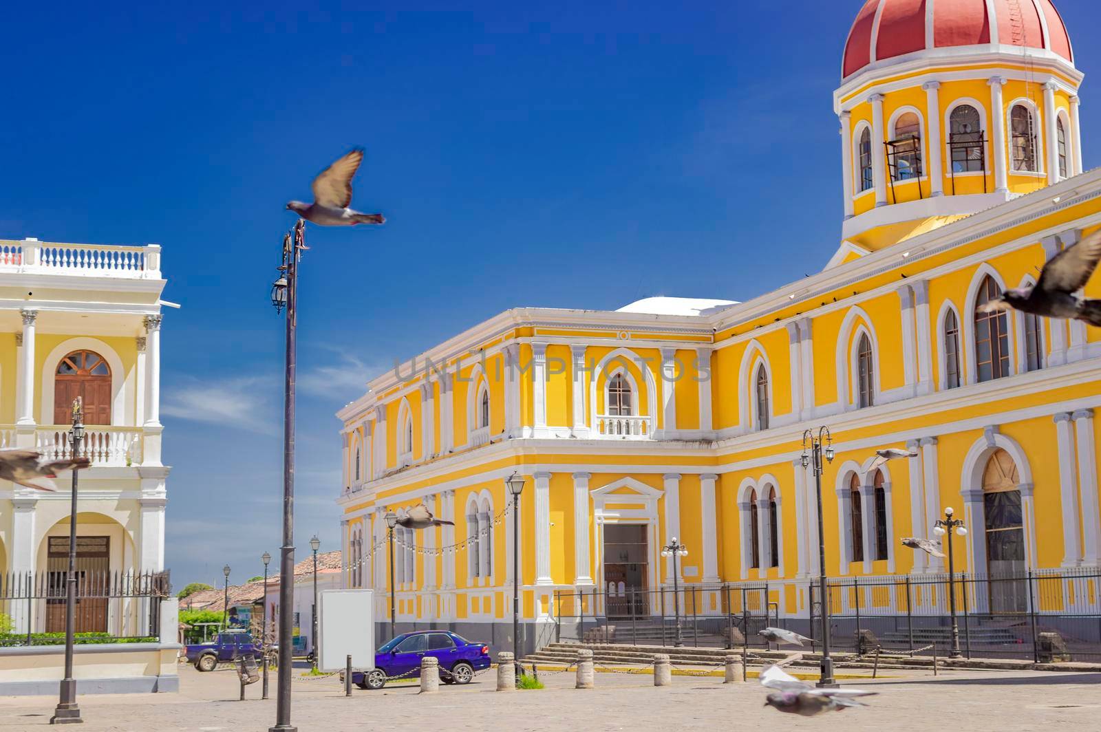 Closeup of the Cathedral of Granada Nicaragua, architectural design of a colonial cathedral, architecture of a domed cathedral