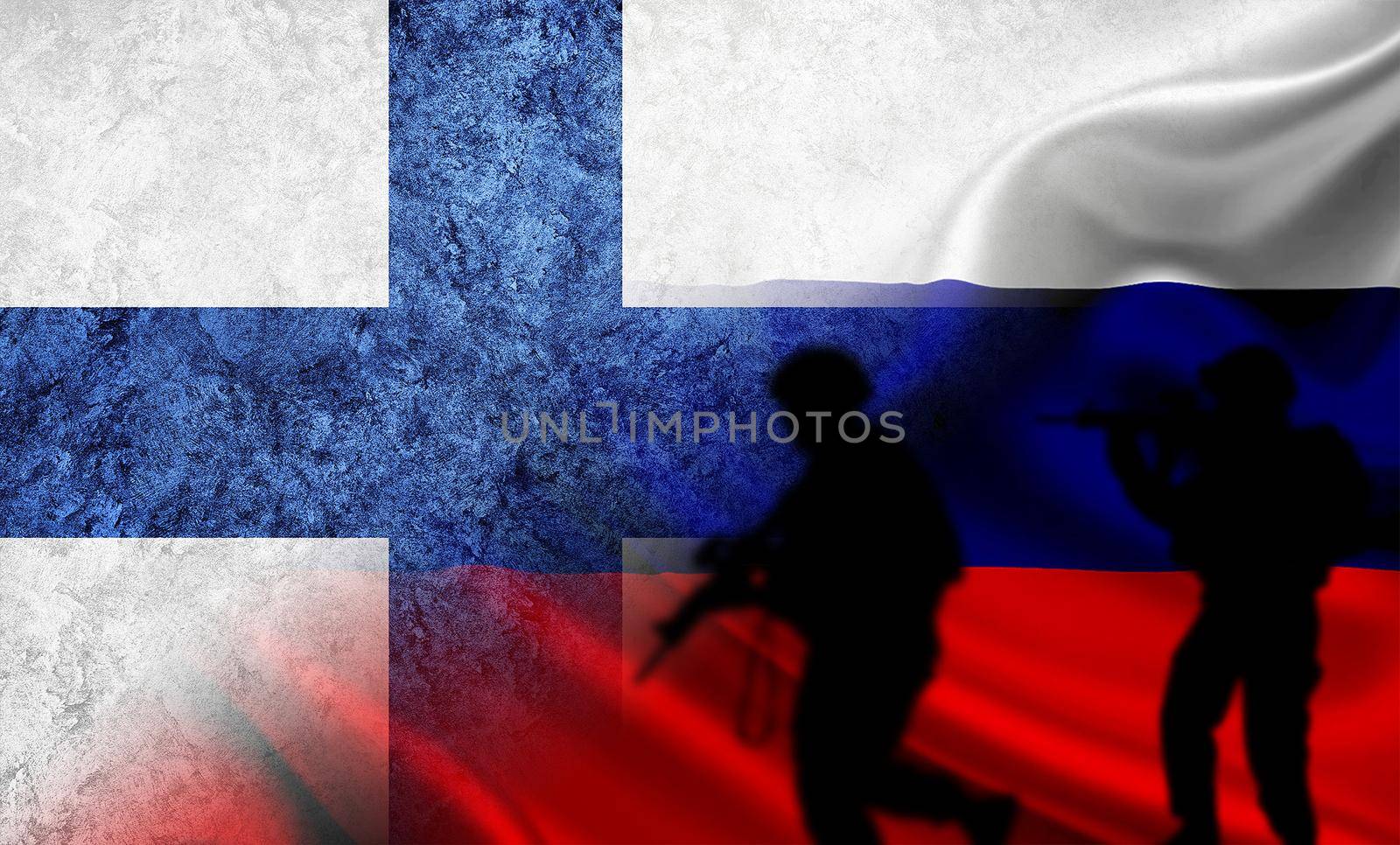 Russia vs Finland flag, concept of war between Russia and Finland, silhouette of soldiers on russia vs finland flag, cracked wall with russia and finland flag, confrontation between russia vs finland by isaiphoto