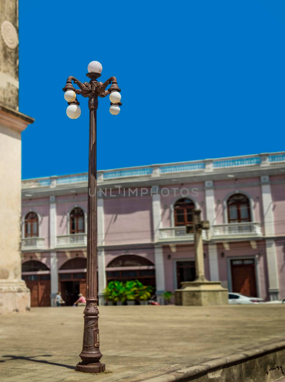 Lantern poles with copy space, One lighted lantern pole, Public lantern pole by isaiphoto