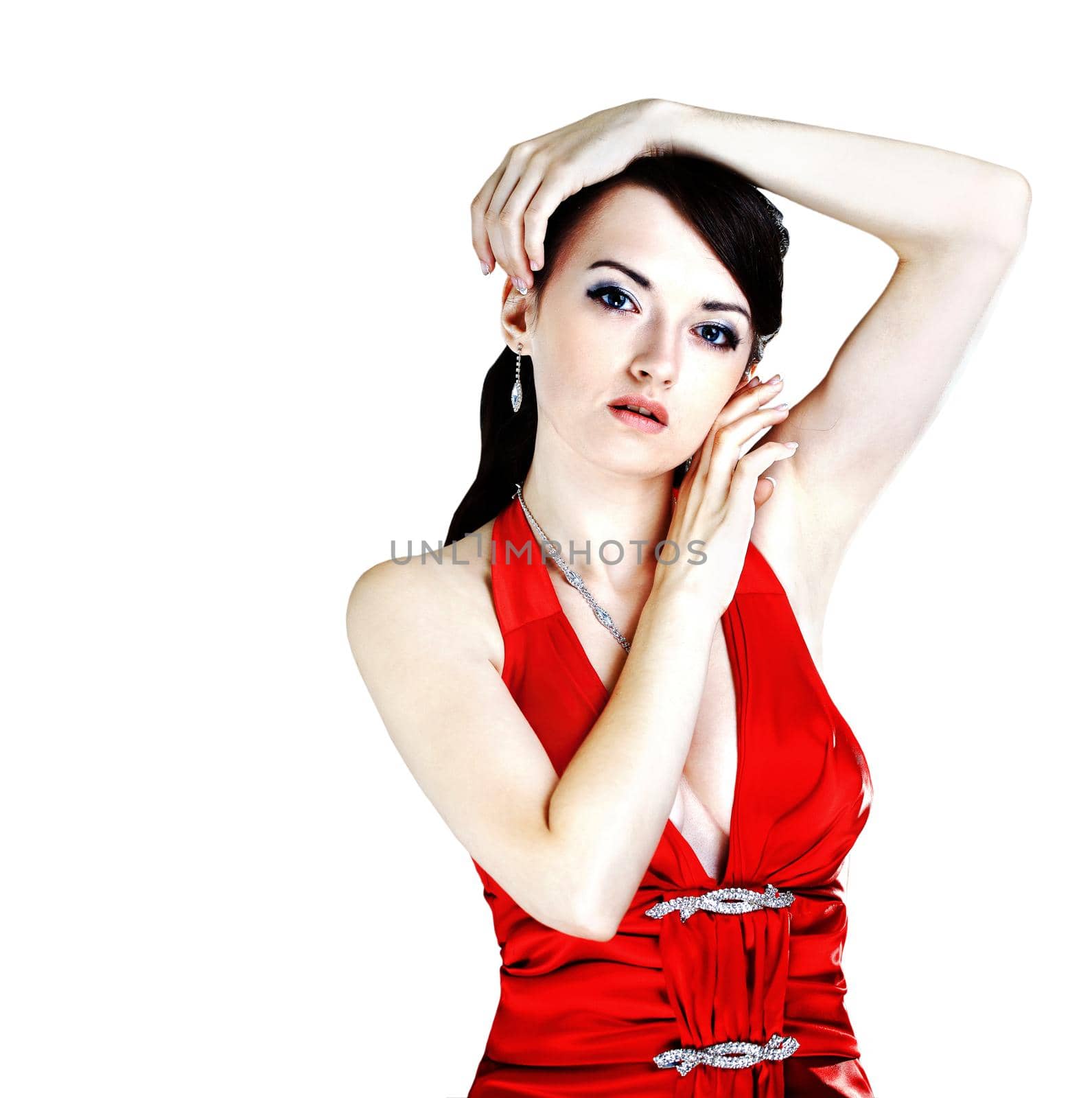 Beautiful girl in the red dress. Isolated on a white background.