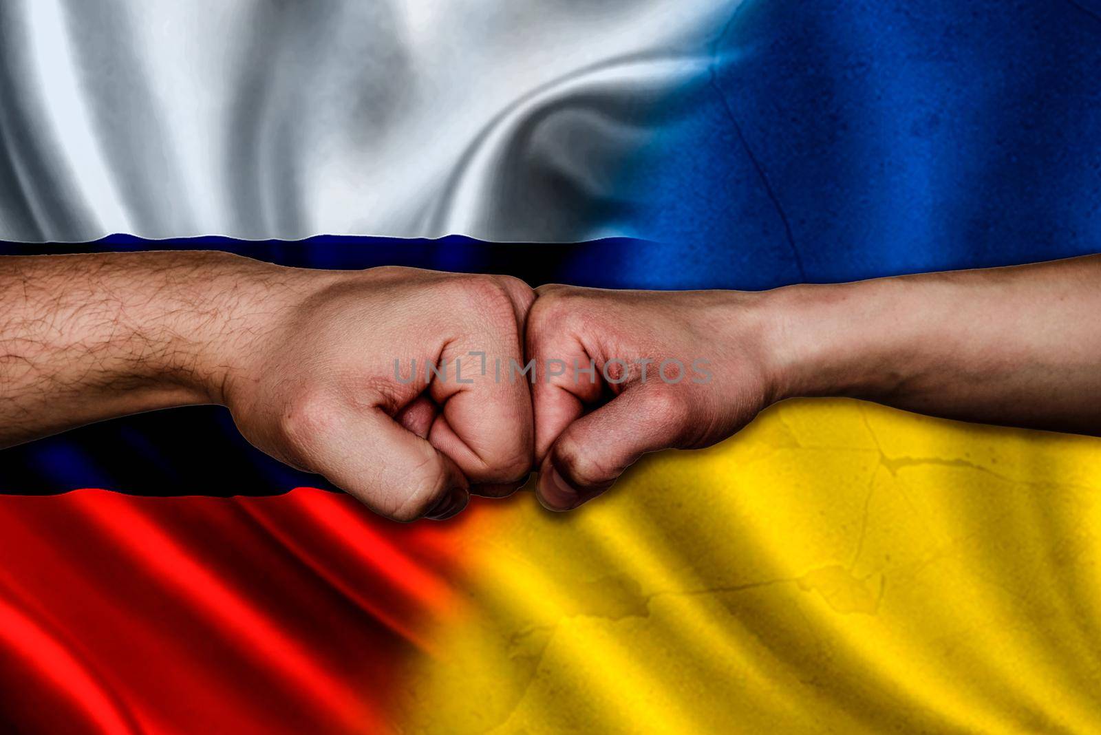 Russia vs Ukraine Two fists bumping, Russia vs Ukraine political conflict, Russia vs Ukraine flag, Russia vs Ukraine concept