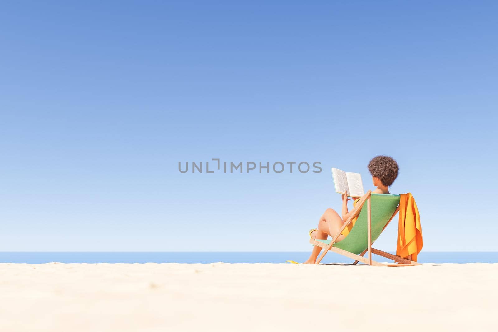 3D rendering of unrecognizable ethnic female traveler with Afro hair reading interesting book sitting on deckchair on sandy beach at seafront against cloudless blue sky