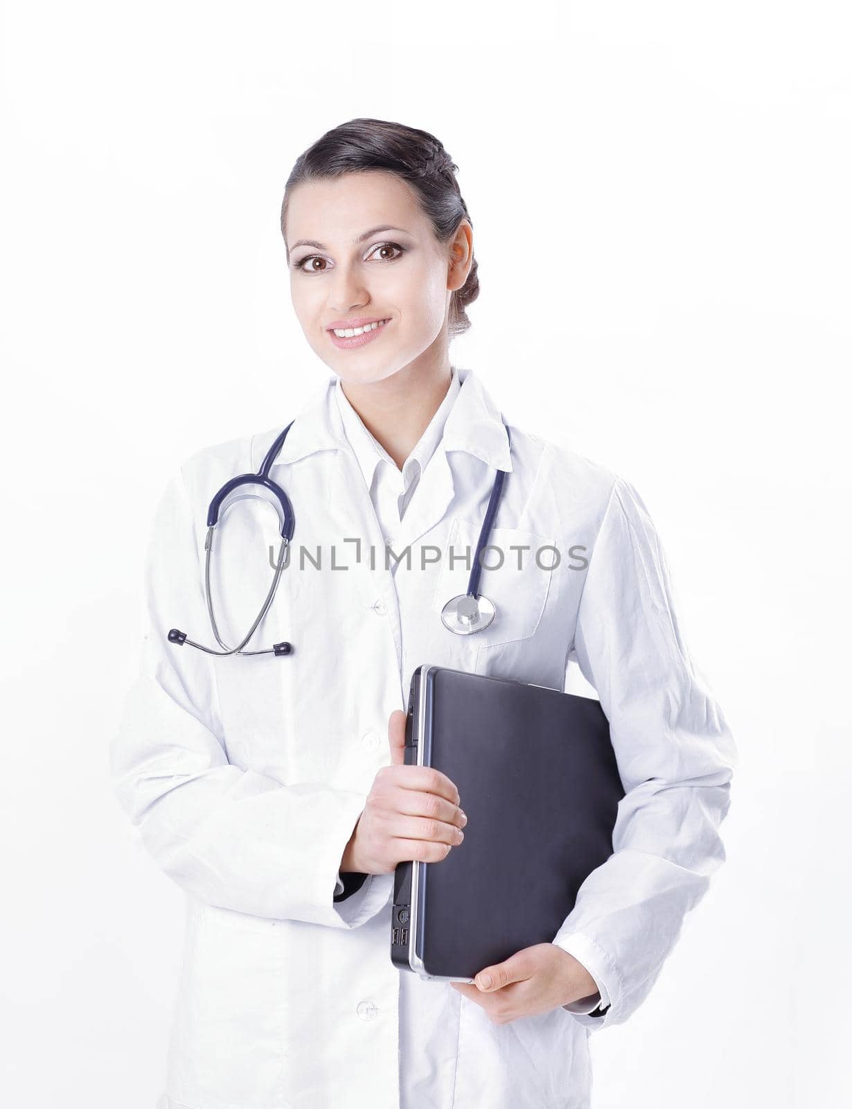successful female doctor with a laptop .isolated on white background