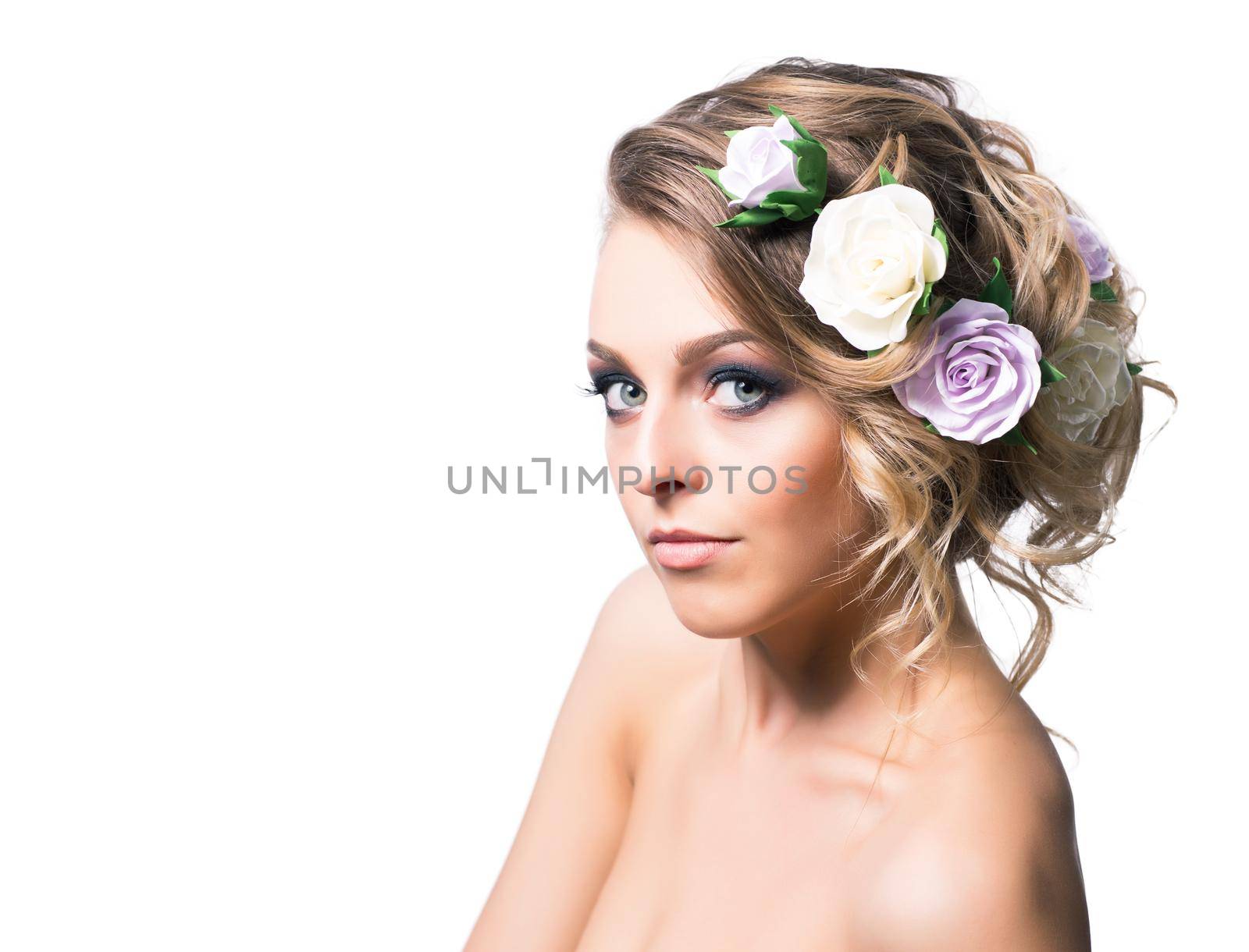 Beautiful girl model isolated on white background.