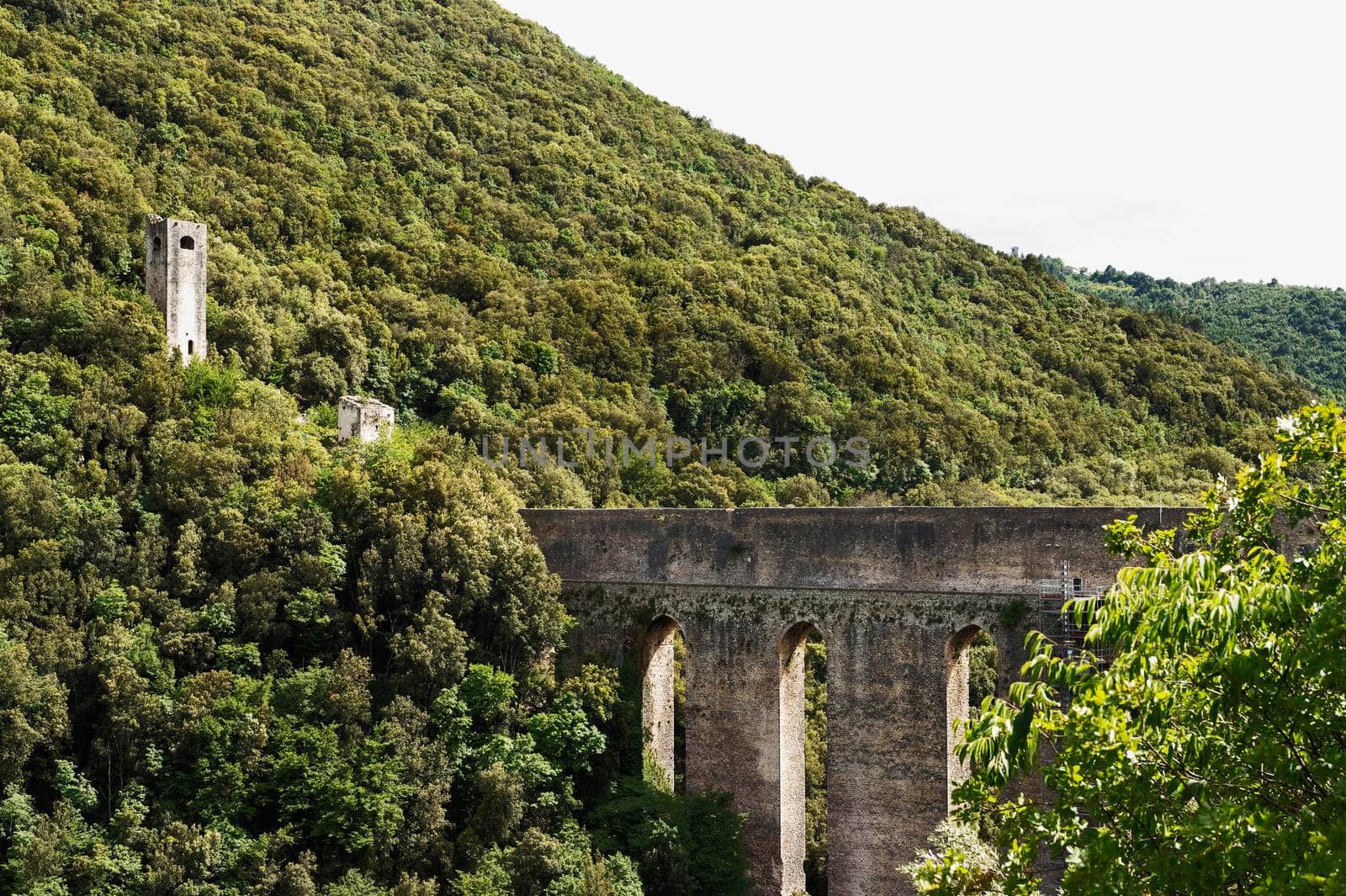 Spoleto , Italy , Ponte delle Torri , arched  bridge of towers  in limestone , it worked as aqueduct and bridge