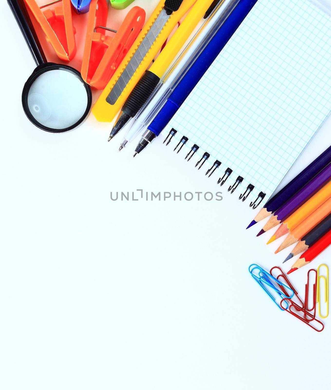 Office and student accessories on a white. Back to school concept. by SmartPhotoLab
