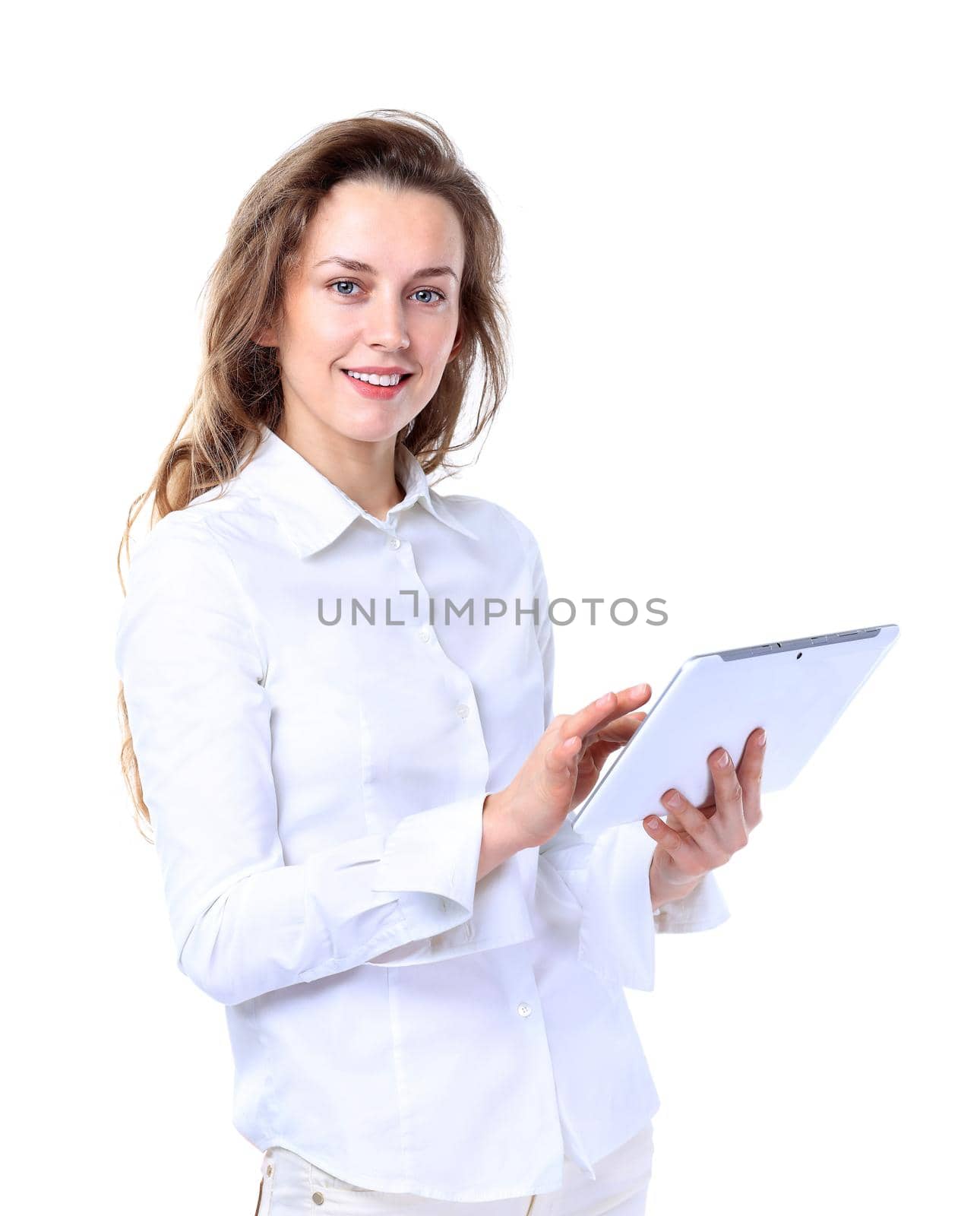 Portrait of happy young business woman isolated on white background