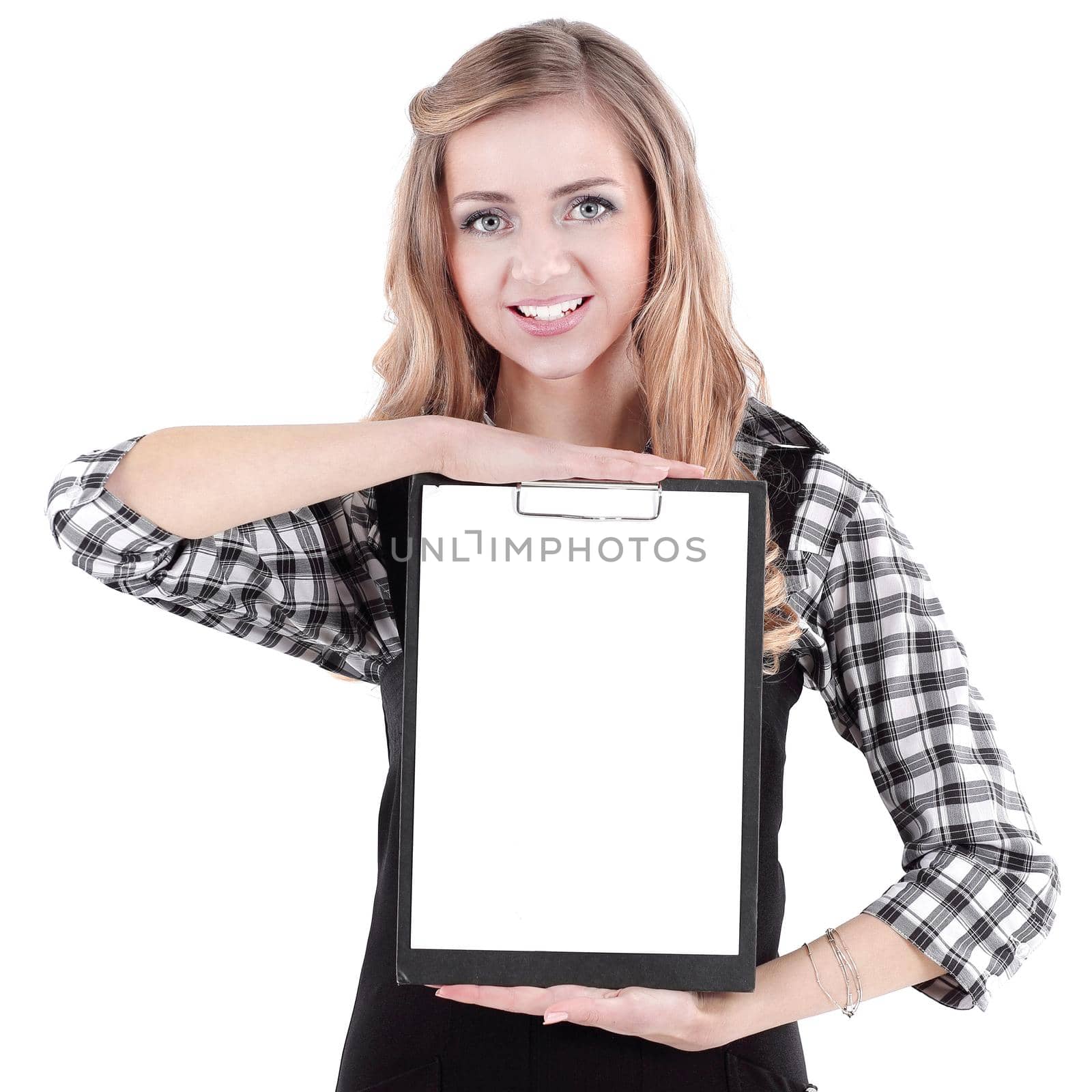 young business woman showing blank sheet. isolated on white background