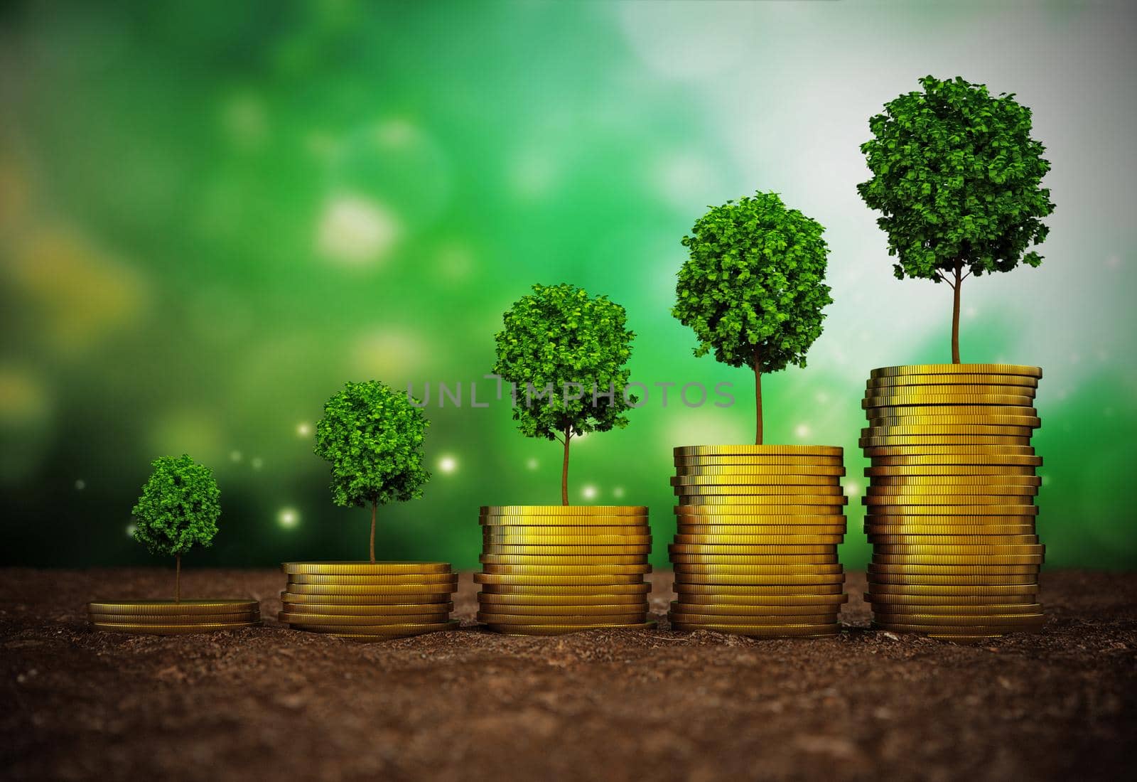 Growing trees on rising gold coin stacks. 3D illustration.