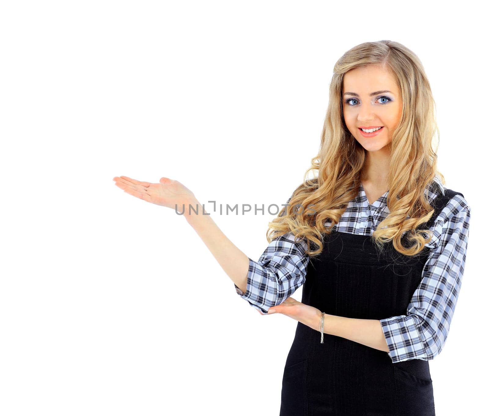 Smiling business woman portrait. White background.