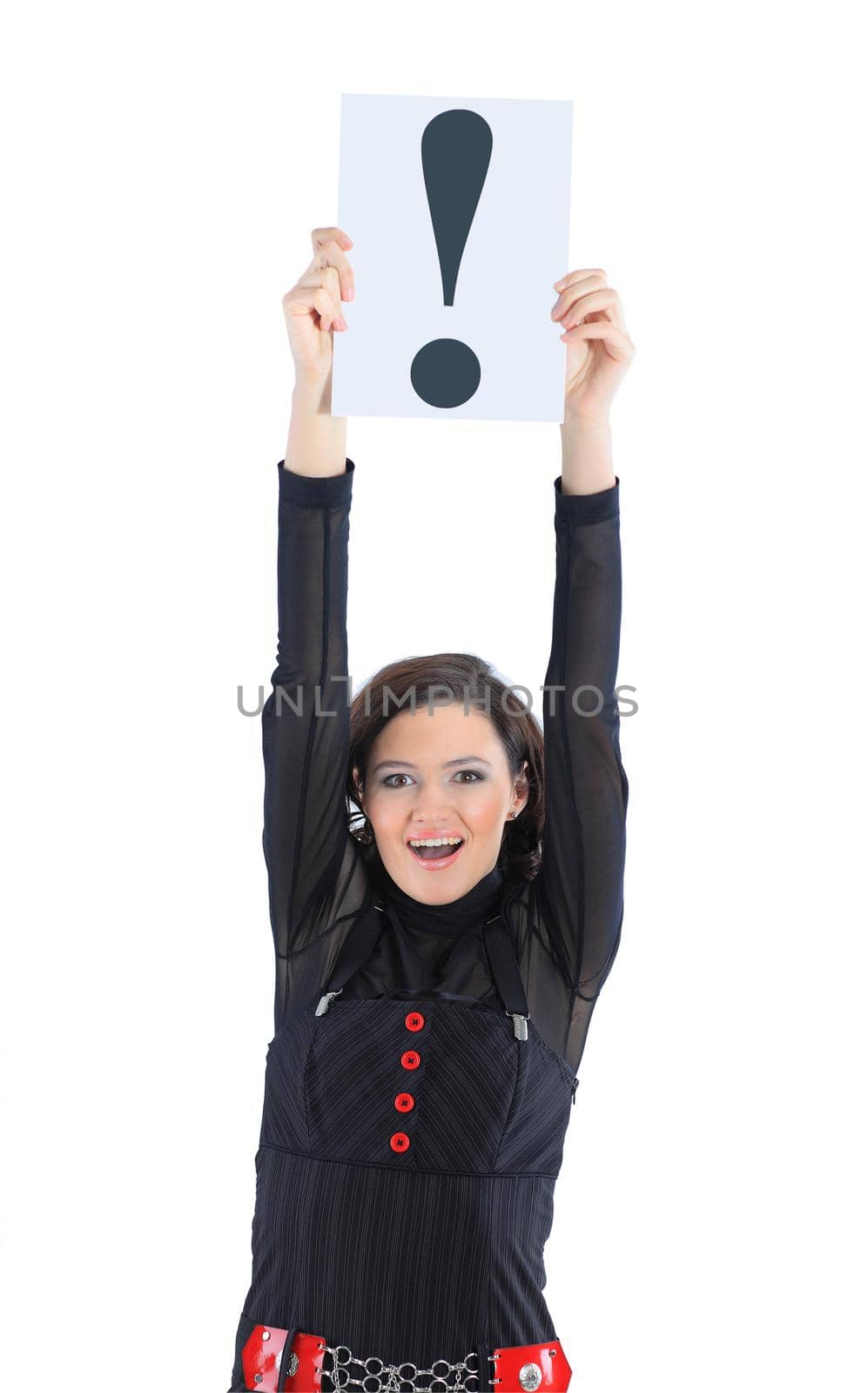 Beautiful businesswoman with a sign exclamation mark. Isolated on a white background.