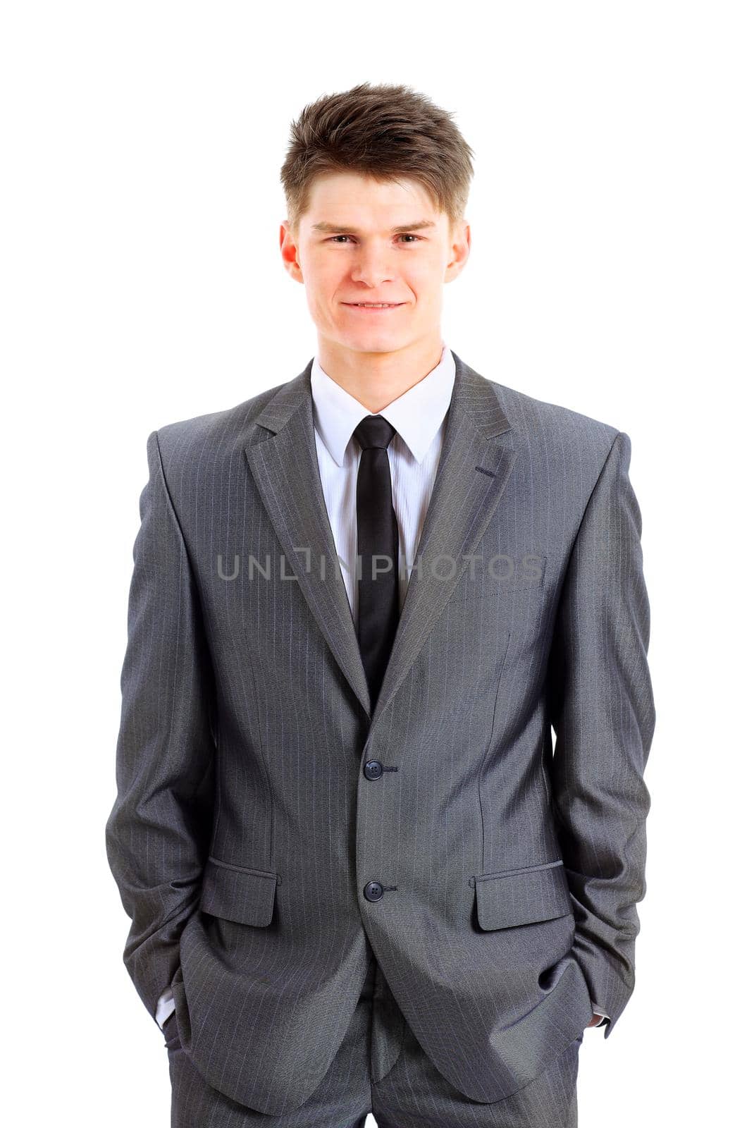 young business man isolated on white background by SmartPhotoLab