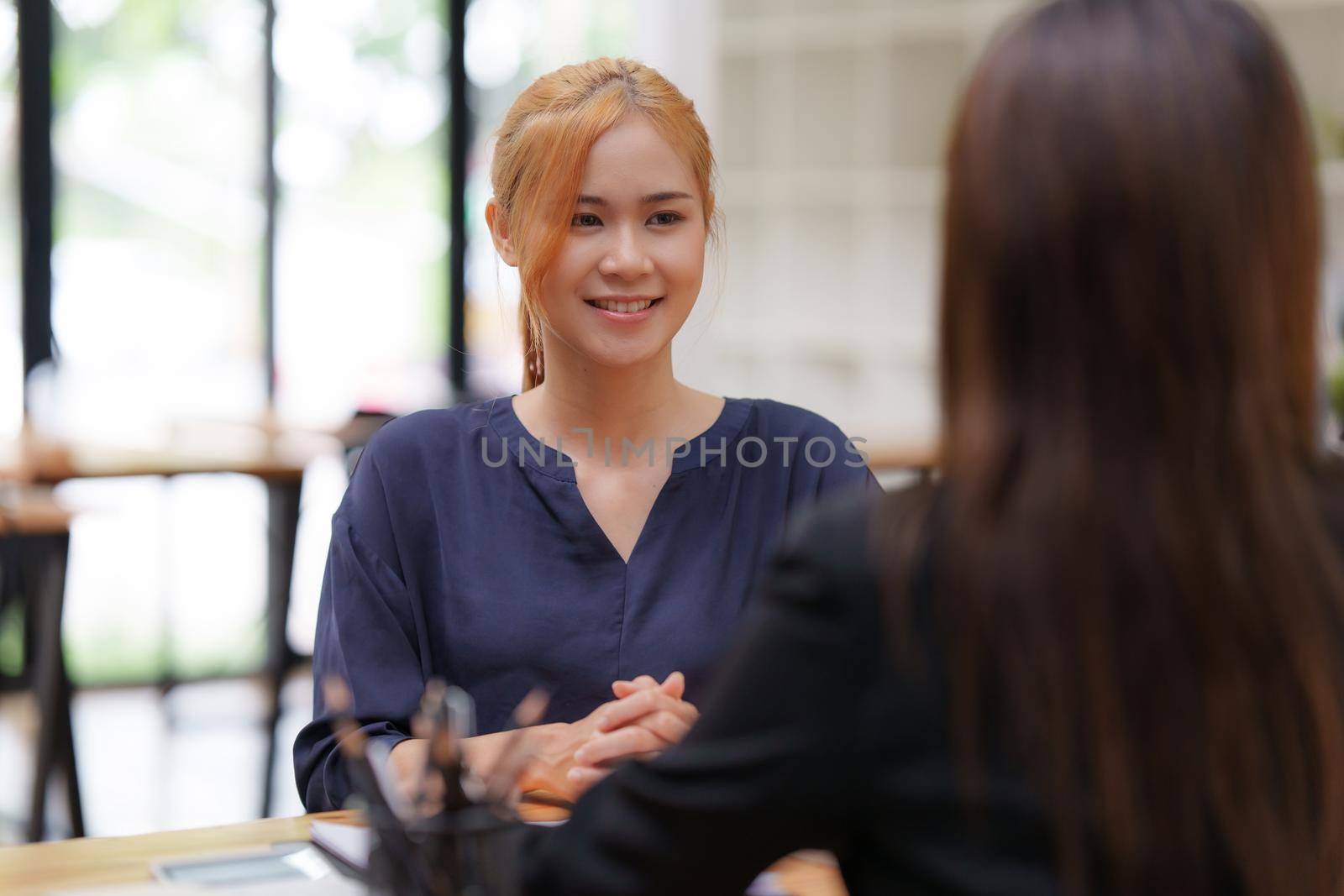 Business woman explain before signing agreement contract for buying house. Bank manager concept. by itchaznong