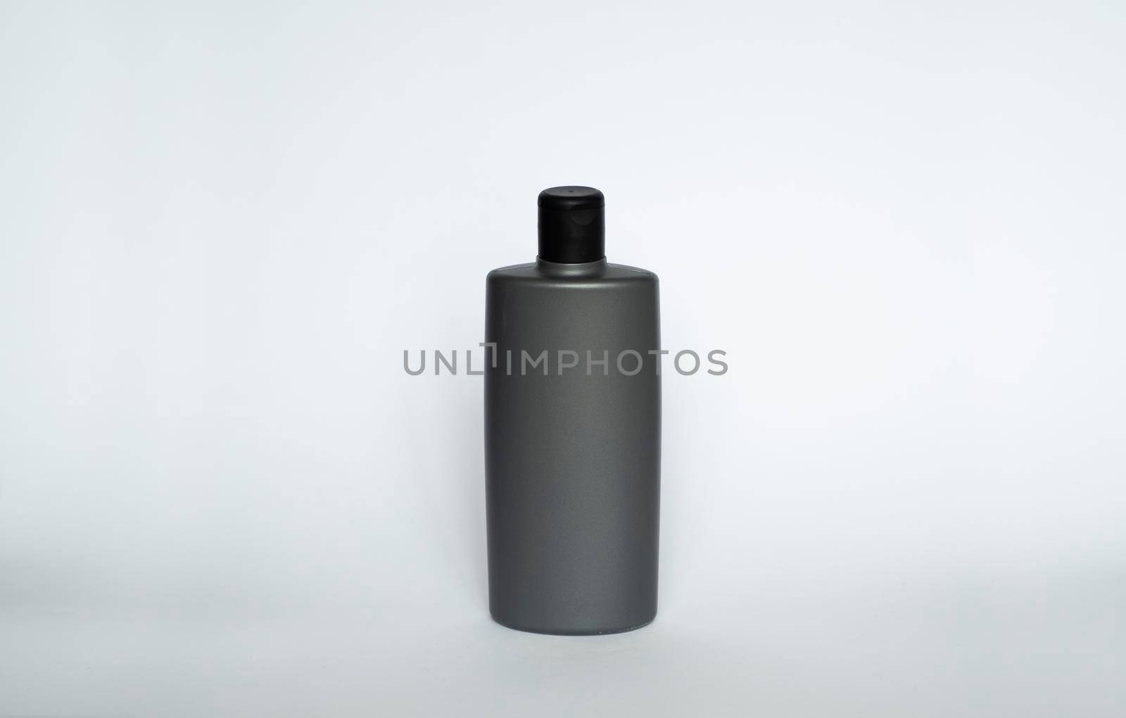 Men's gray shower gel bottle, front view template. Container of conditioner, hair rinse