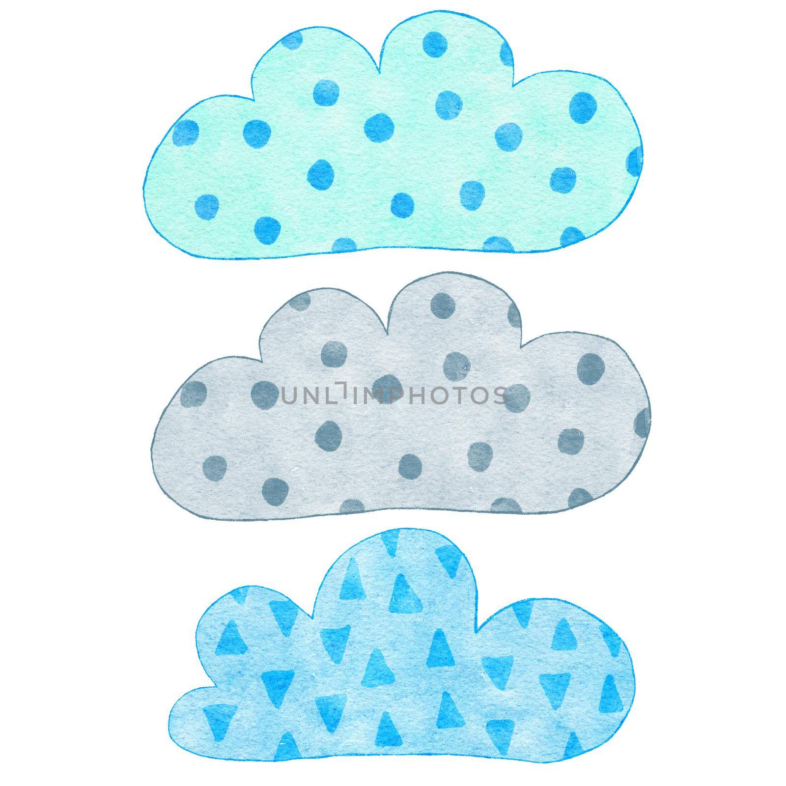 Watercolor hand drawn illustration of blue gray cute clouds. Boy baby shower design for invitations greeting party, nursery clipart is soft pastelcolors modern minimalist print for kids children. by Lagmar