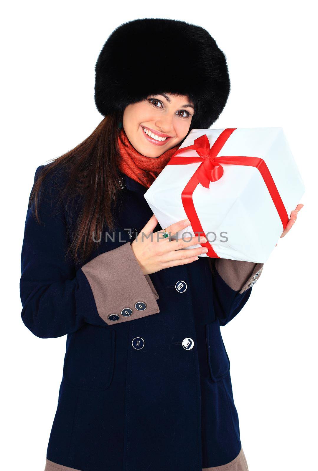 Young happy woman with a gift by SmartPhotoLab