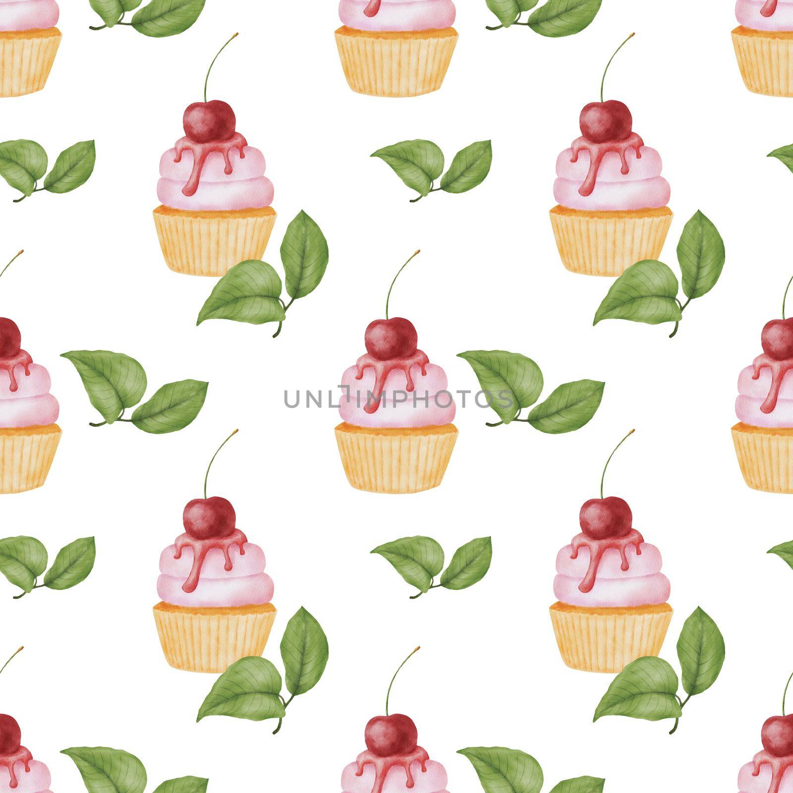 Seamless pattern with Cute watercolor dessert and leaves. Sweets on white. Hand drawn Food cupcake by ElenaPlatova