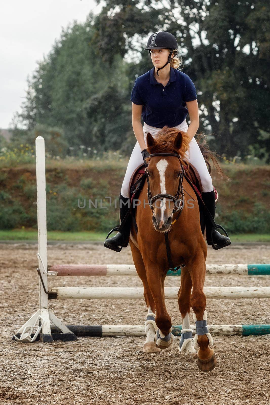 Brown horse with jockey girl jumping over a hurdle.