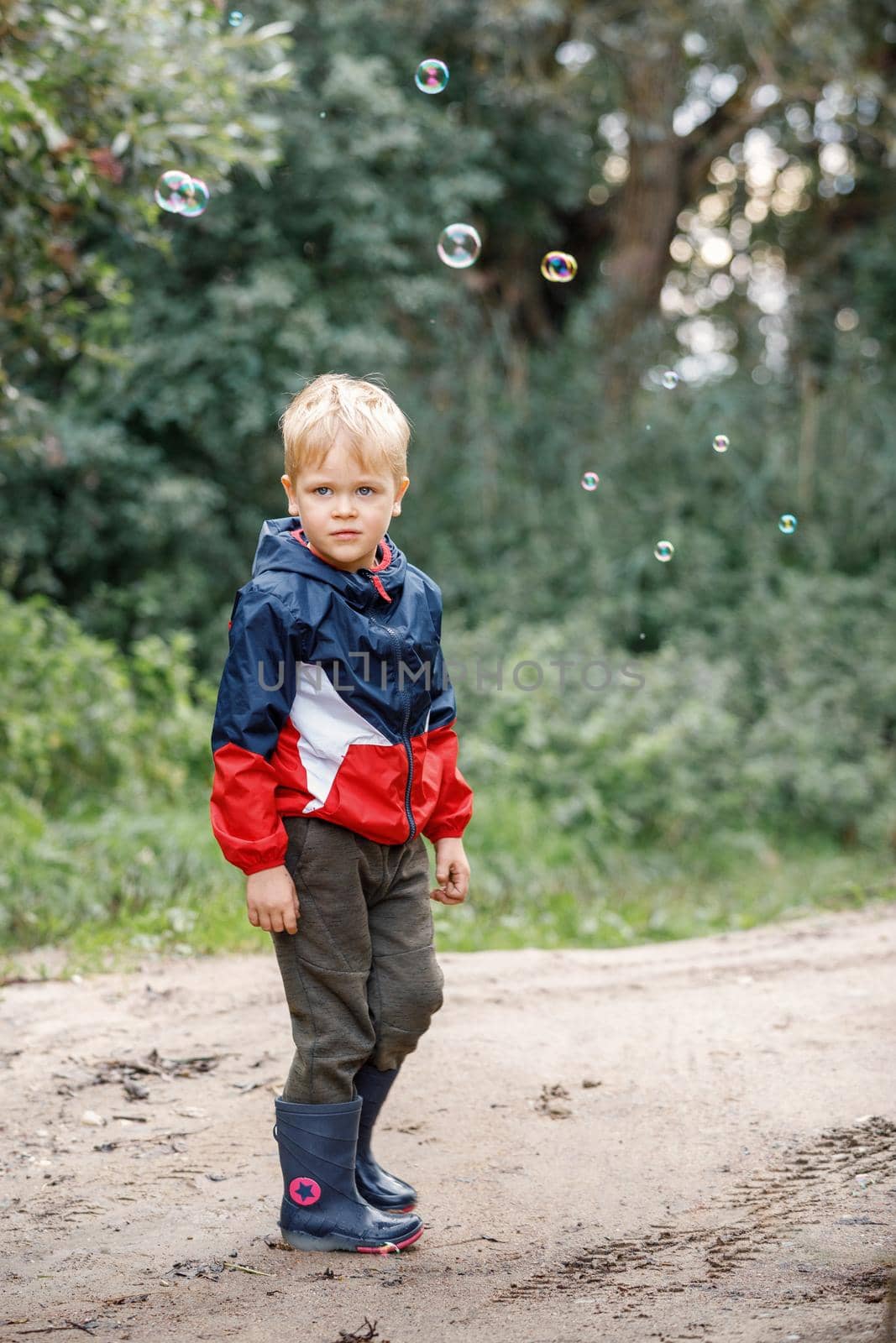 Portrait of a blonde cute boy posing in the nature of autumn. The child wears a colorful waterproof jacket and rubber boots. by Lincikas