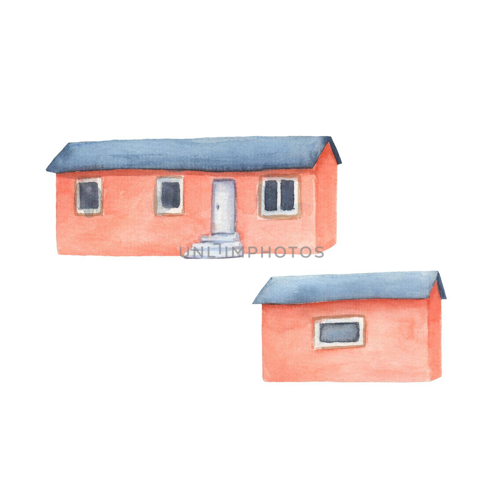 Brick house watercolor set. Hand drawn various retro red houses collection. Village vintage estate architecture illustrations. Cozy residence image on white background by ElenaPlatova