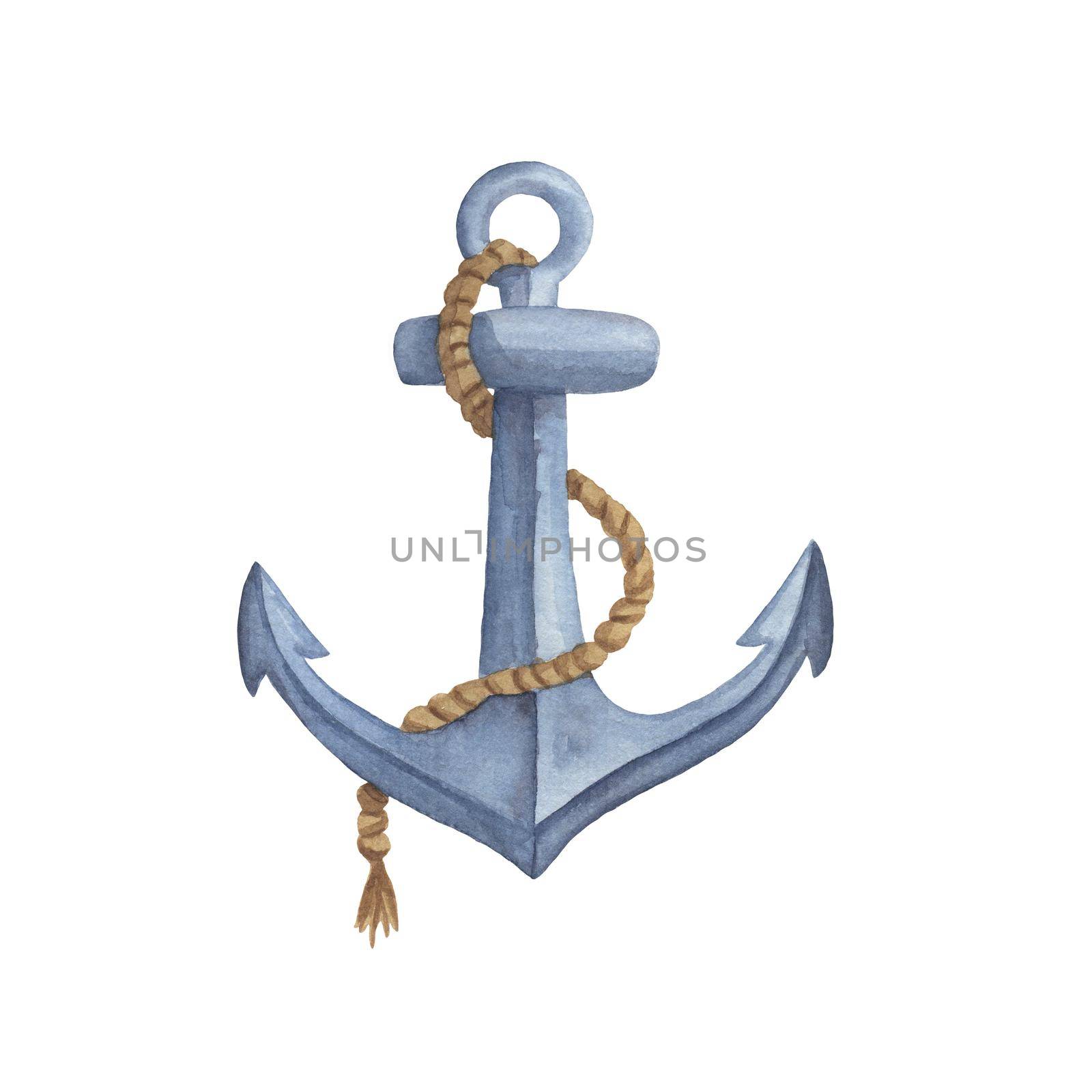 Watercolor vintage classic anchor with rope isolated on a white background. Hand drawn marine illustration by ElenaPlatova