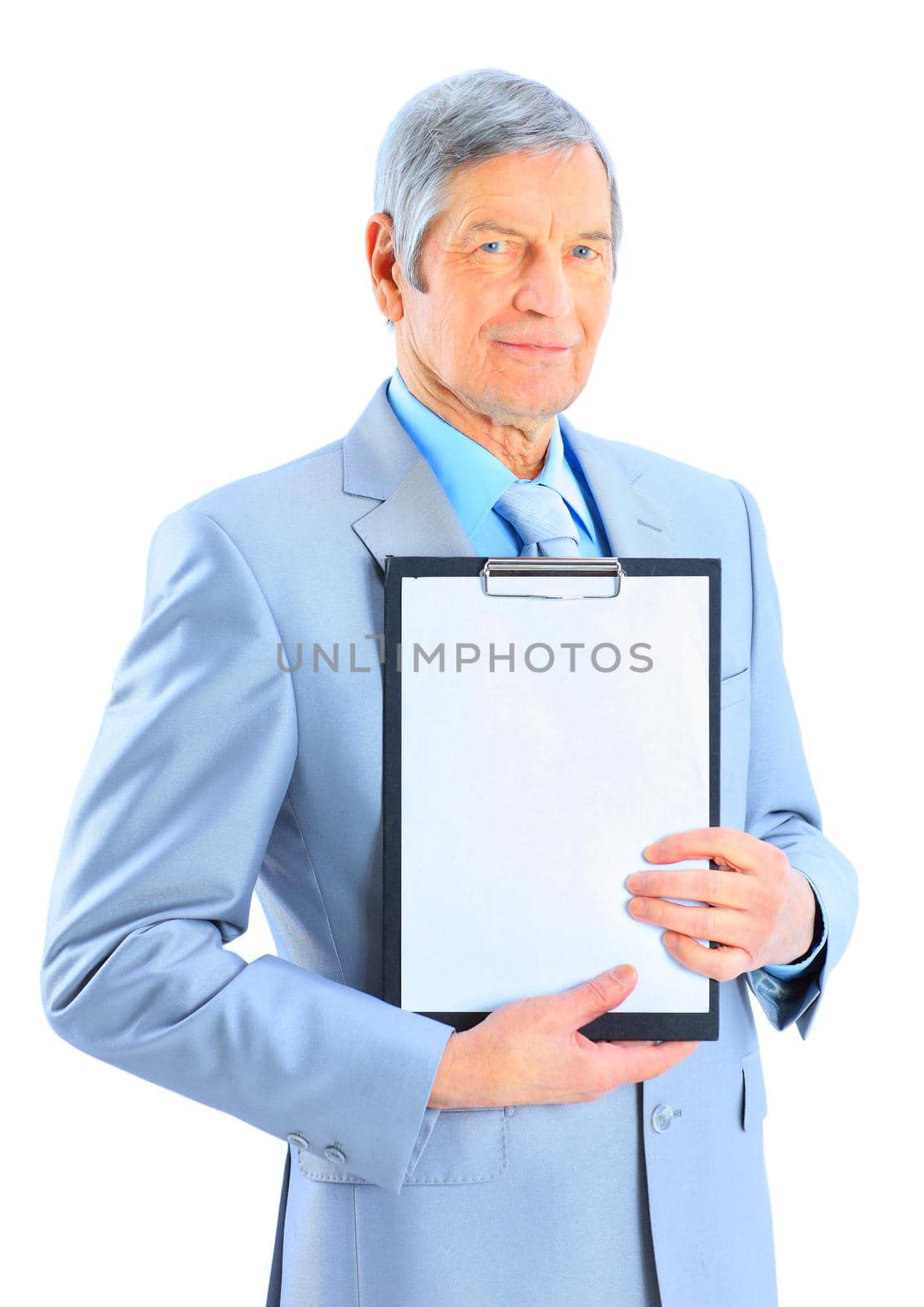 Nice businessman at the age, shows the plan of work. Isolated on a white background. by SmartPhotoLab