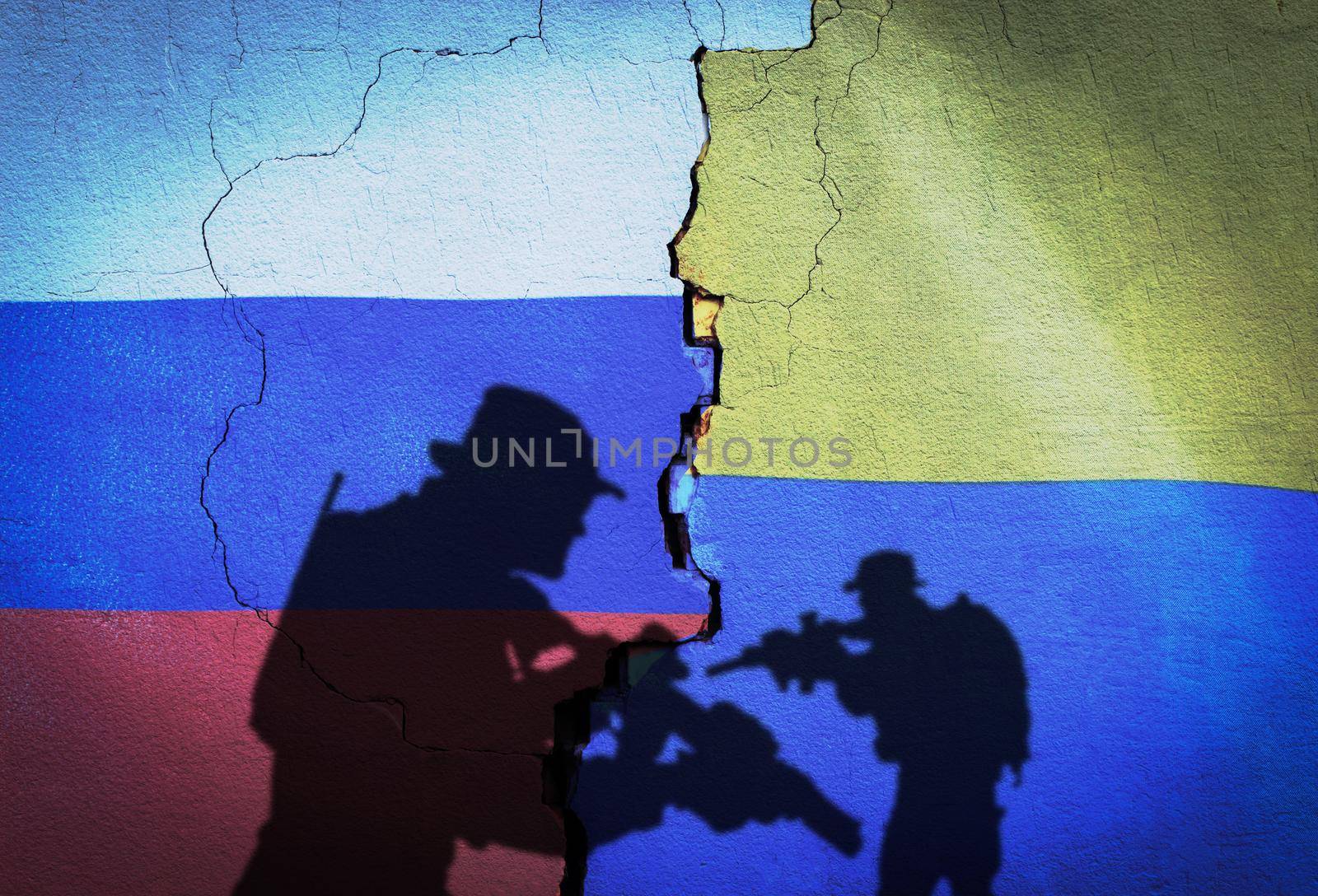 Russia vs Ukraine flag on cracked wall, concept of war between russia and ukraine, silhouette of soldiers on russia vs ukraine flag