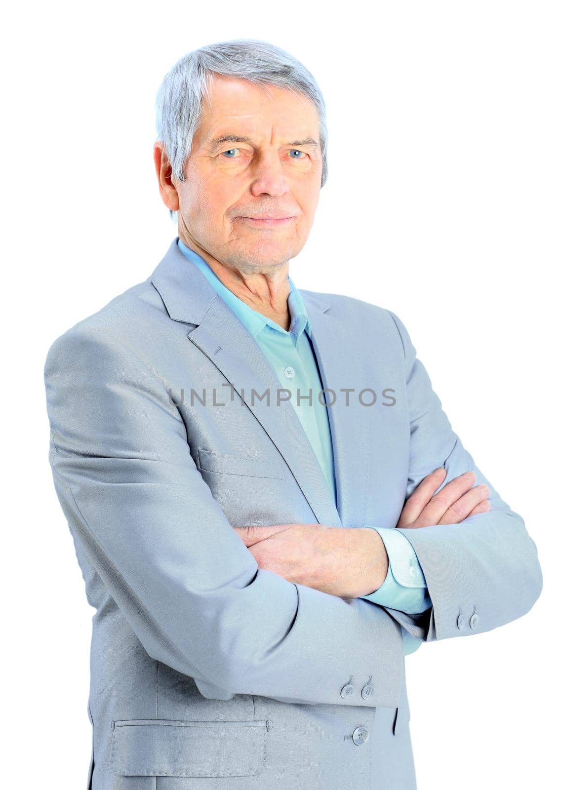 Closeup portrait of a smart senior man smiling on white background