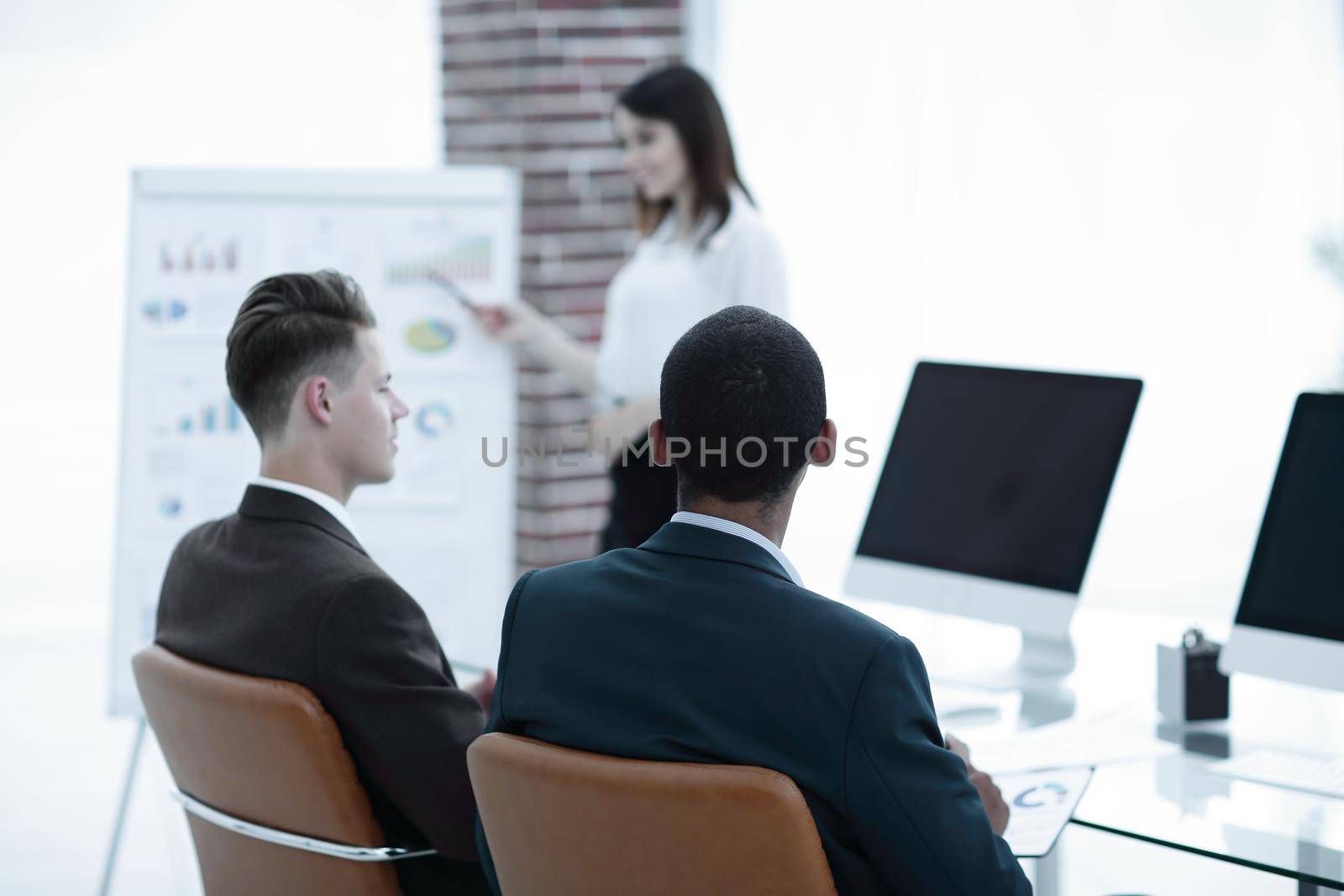 rear view.business partners at the presentation of a new financial project.