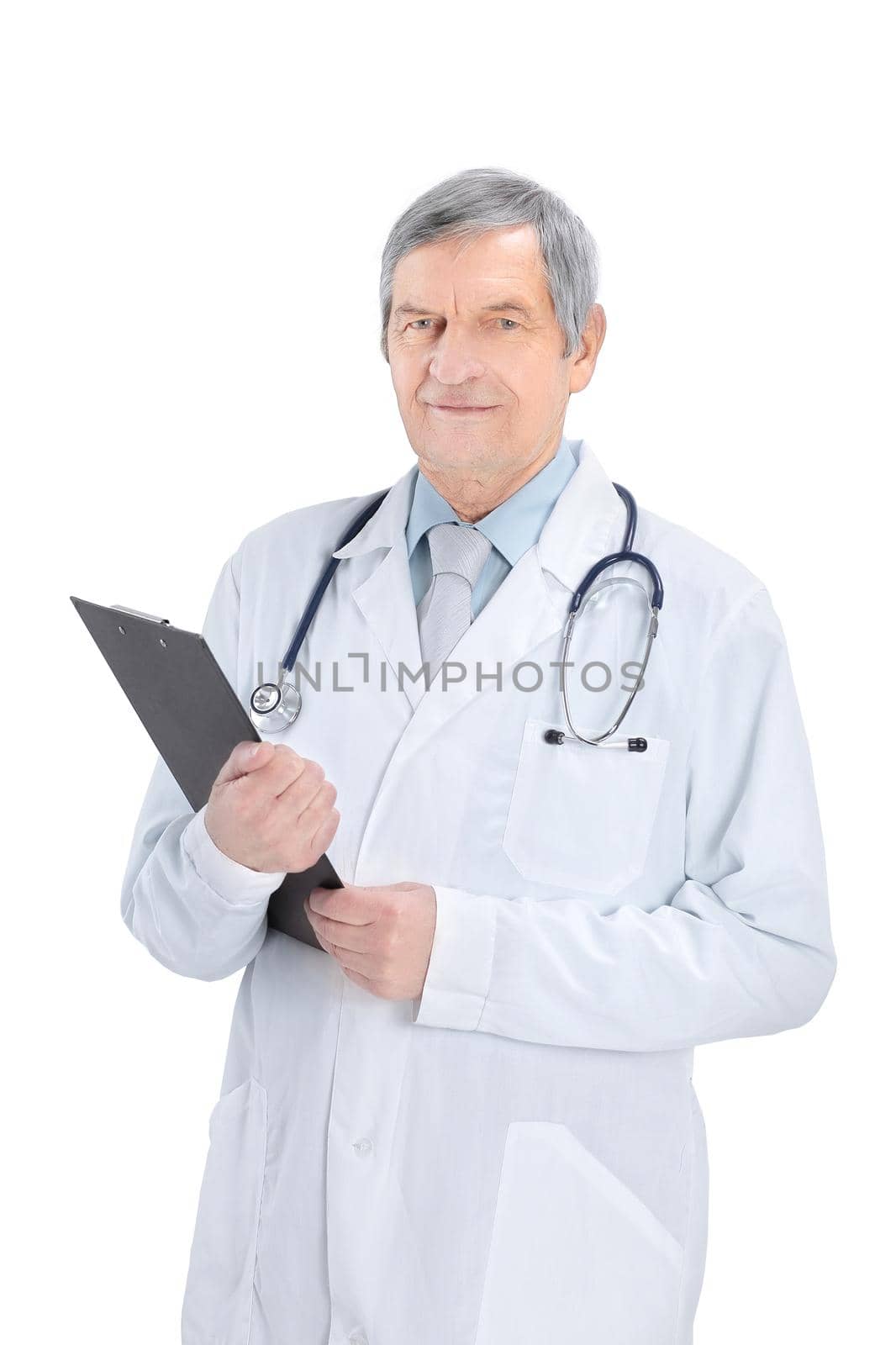portrait of an experienced therapist with a laptop .isolated on white background