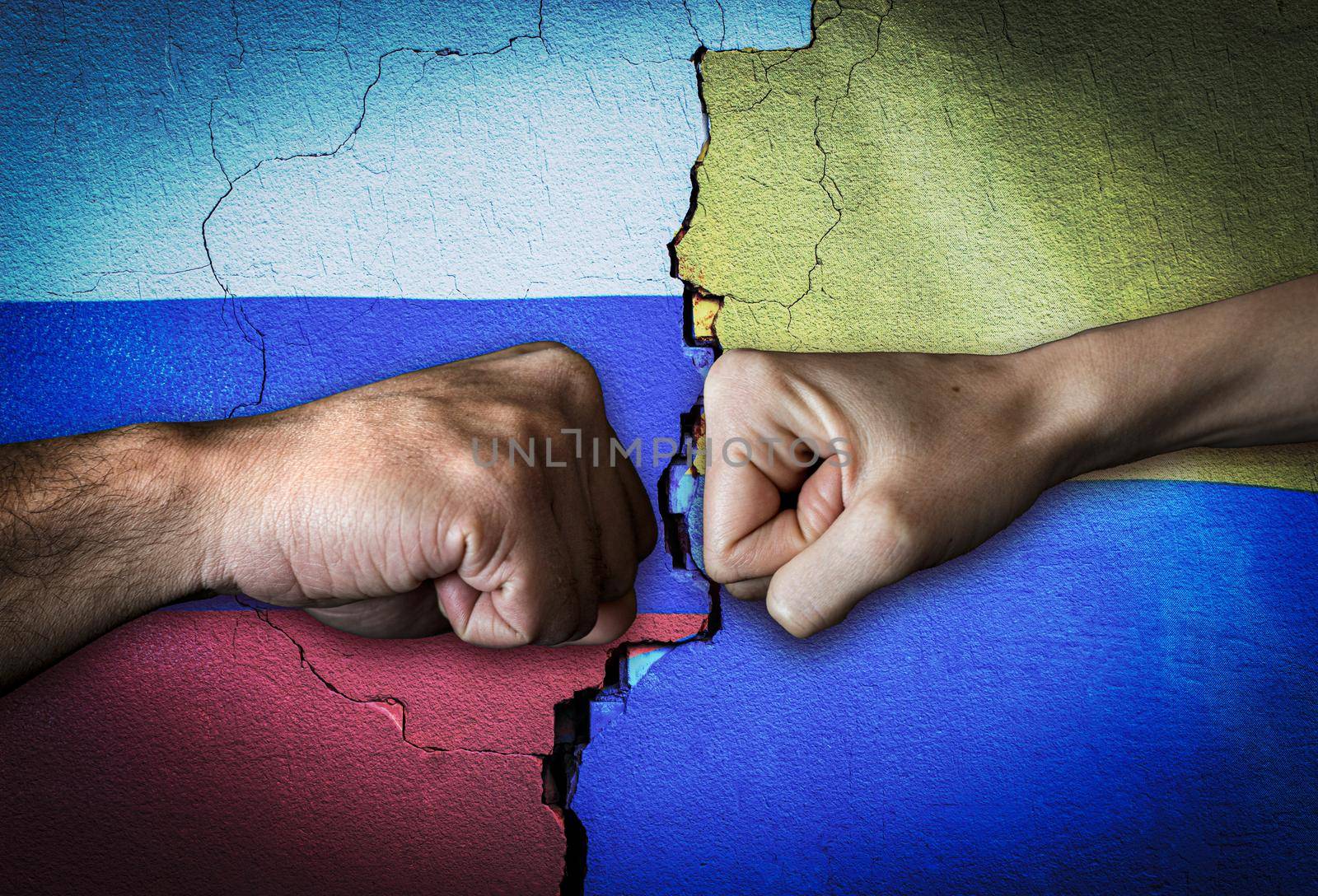 Russia vs Ukraine Two fists bumping, Russia vs Ukraine political conflict, Russia vs Ukraine flag, Russia vs Ukraine concept