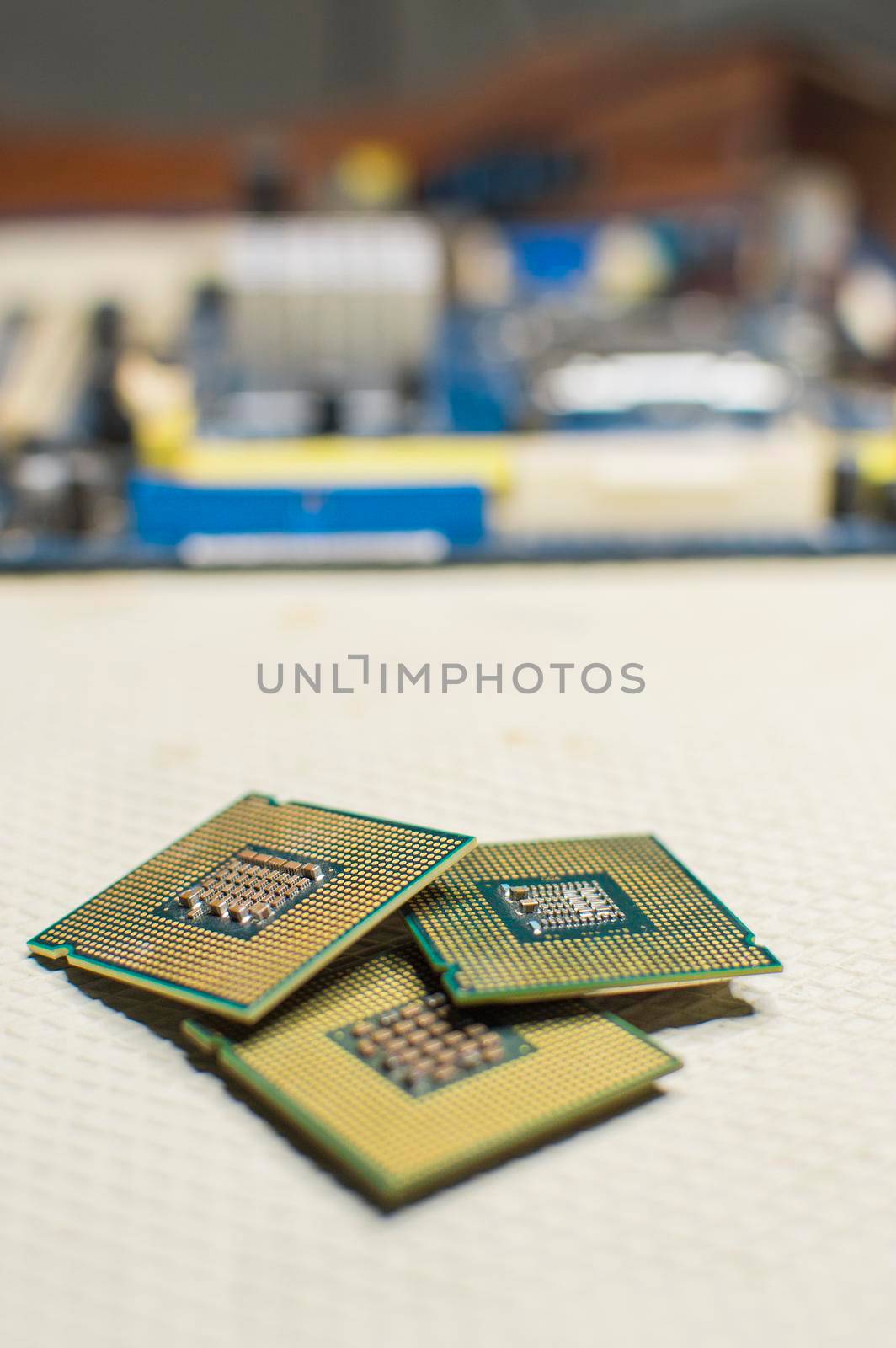 isolated computer microprocessors, three computer processors with one computer motherboard, computer processor concept