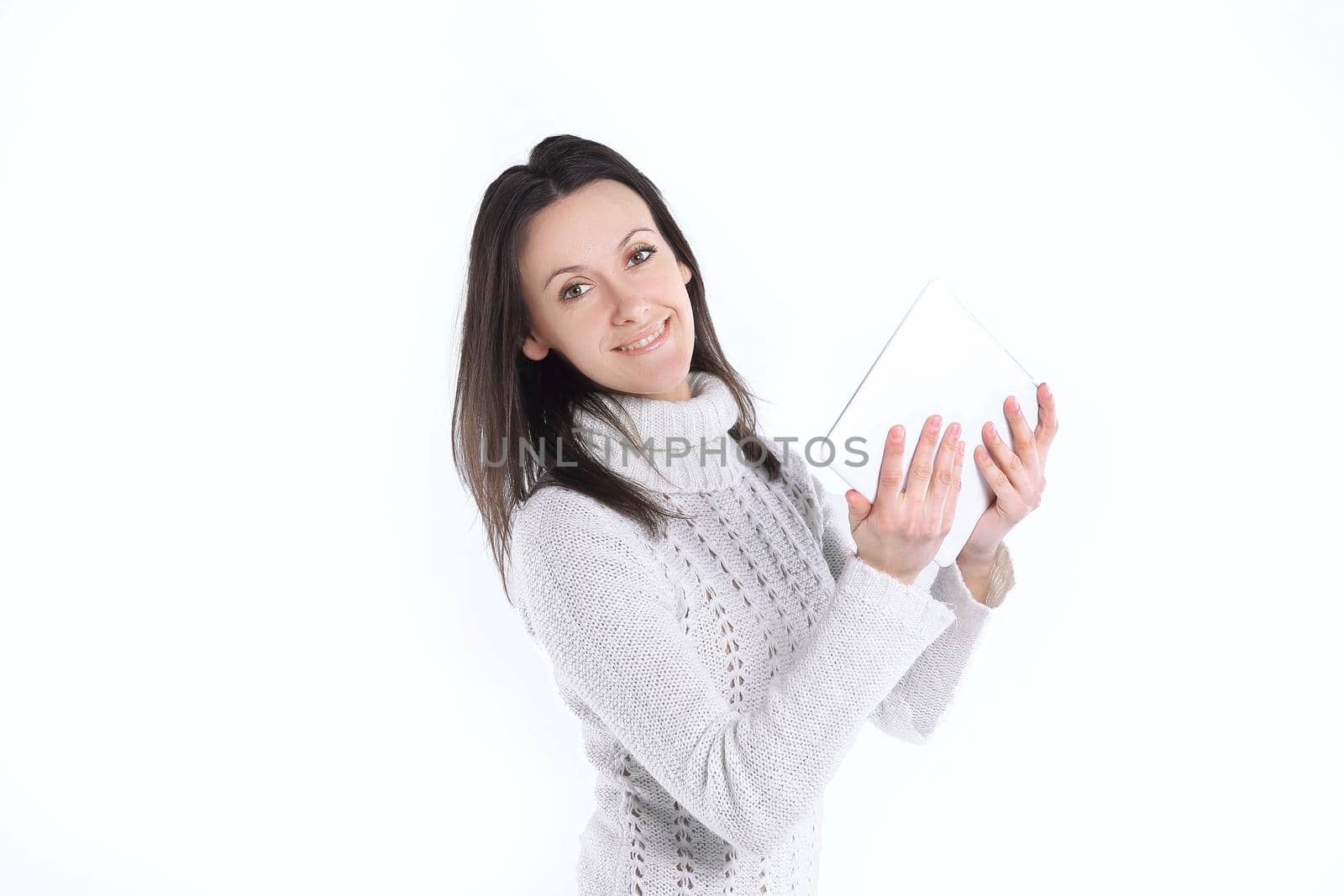 close up.modern young woman with digital tablet .isolated on white background.