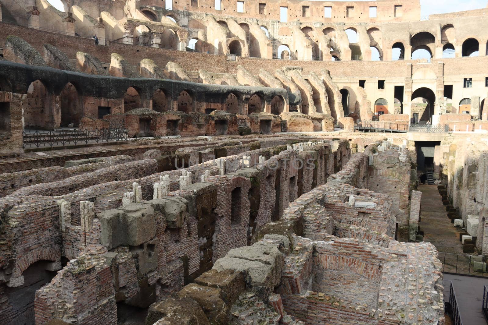 ROME, ITALY - February 05, 2022: Panoramic view around the Colosseum in city of Rome, Italy. Cold and gray sky in the background. Macro photography of the green parks with the old buildings.