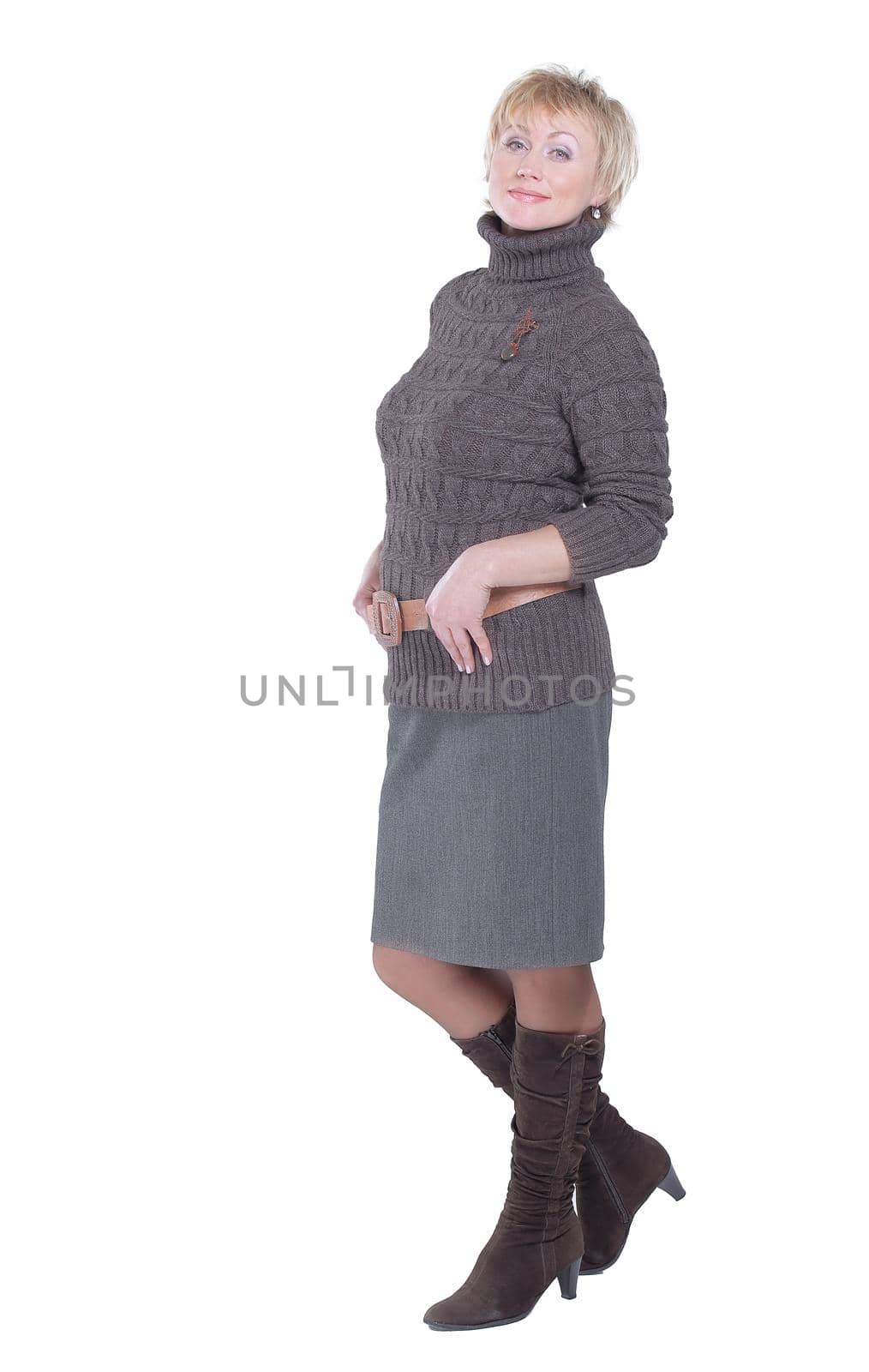 beautiful woman in knitted sweater .isolated on a white background.