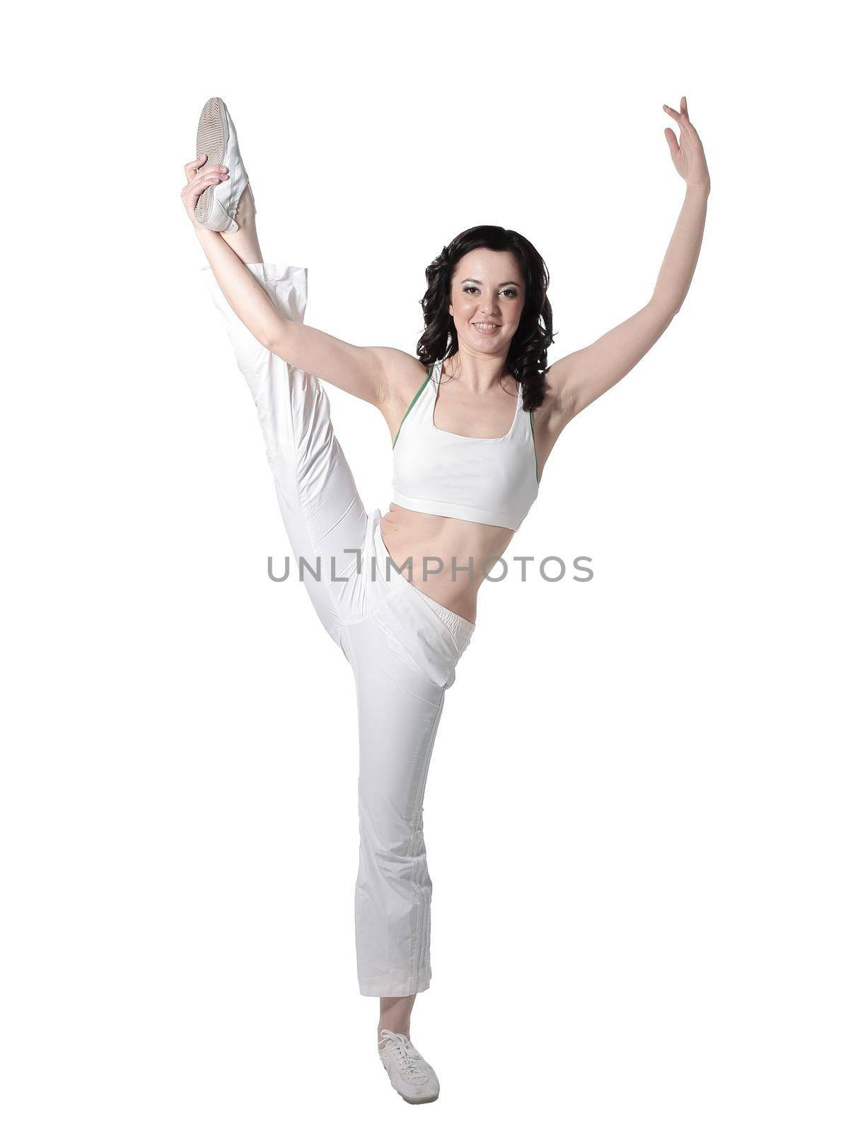 in full growth. woman dancer in dance class.isolated on white.