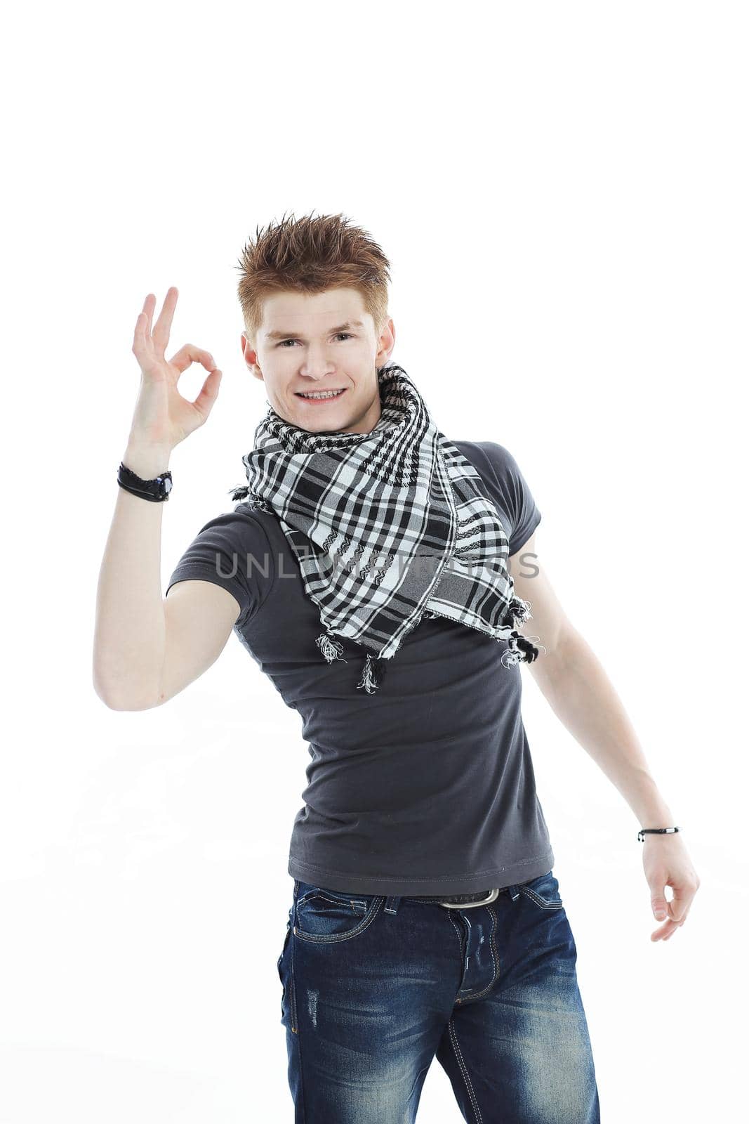 stylish modern guy showing OK sign .isolated on a white background.