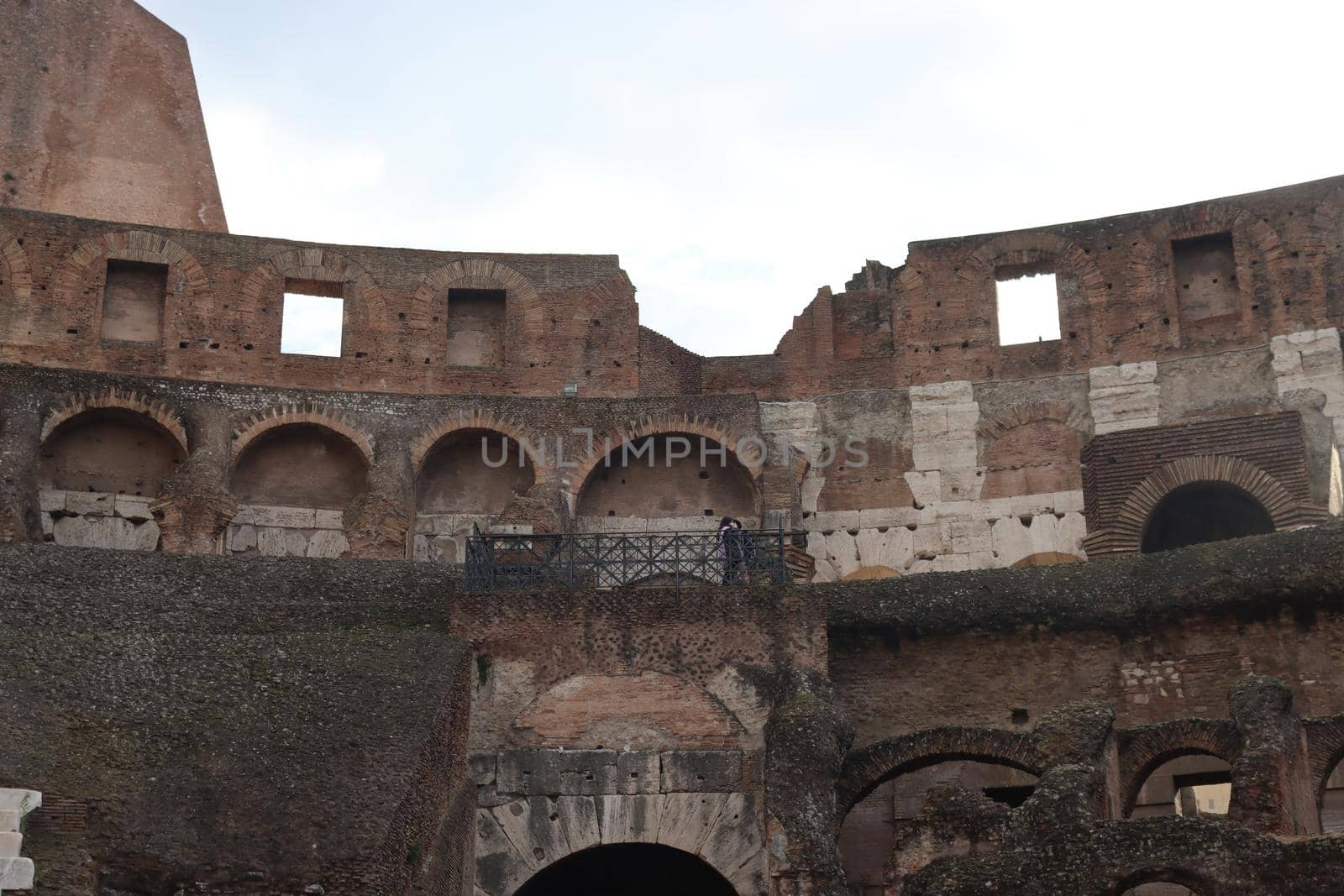 ROME, ITALY - February 05, 2022: Panoramic view around the Colosseum in city of Rome, Italy. Cold and gray sky in the background. Macro photography of the green parks with the old buildings.