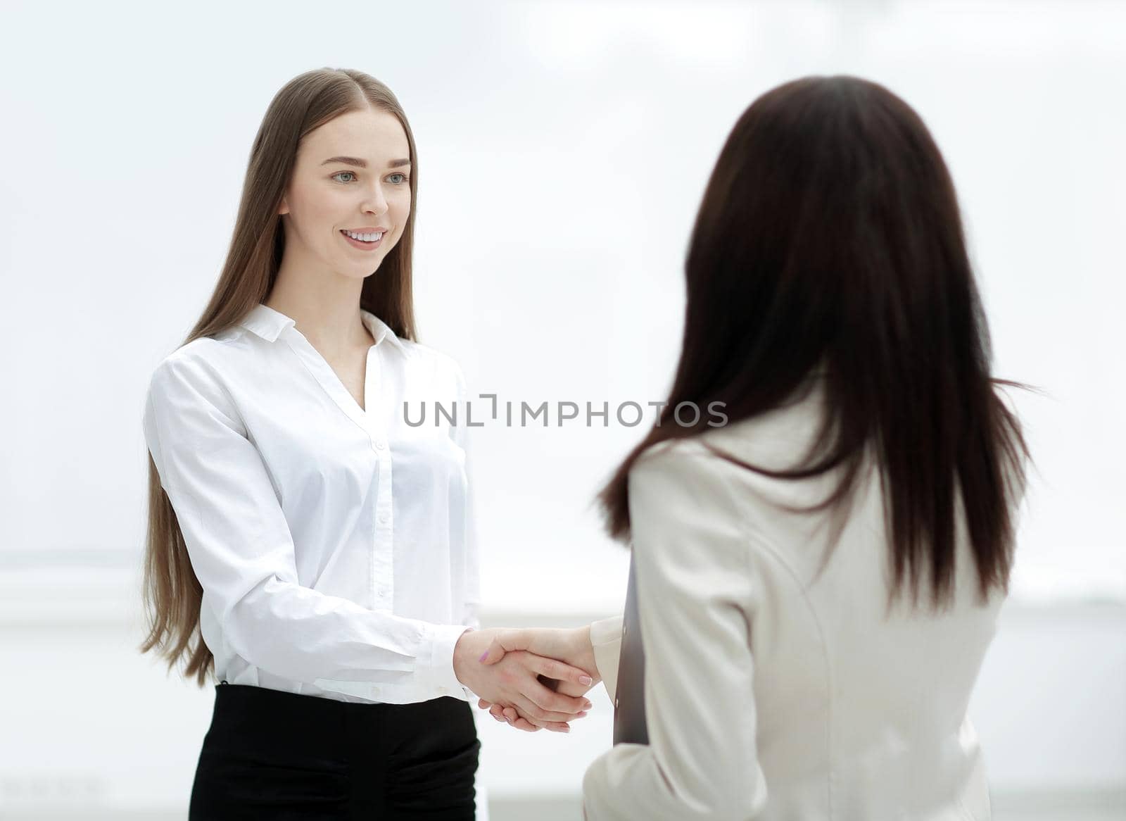 successful business woman shaking hands with employee.