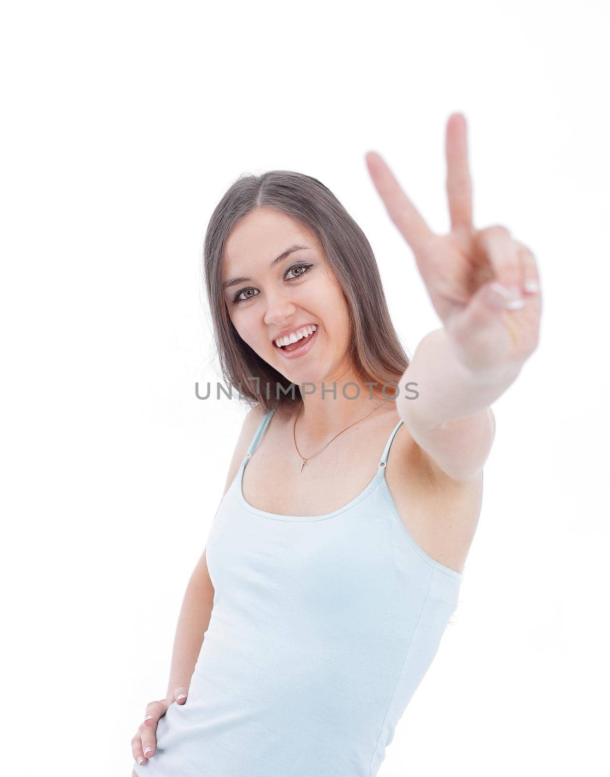 modern young woman showing victory sign.