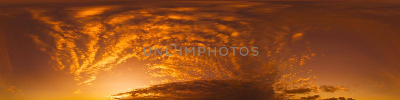 Dramatic sunset sky panorama with Cirrus clouds. Seamless hdr 360 pano in spherical equirectangular format. Complete zenith for 3D visualization, game and sky replacement for aerial drone panoramas by Matiunina