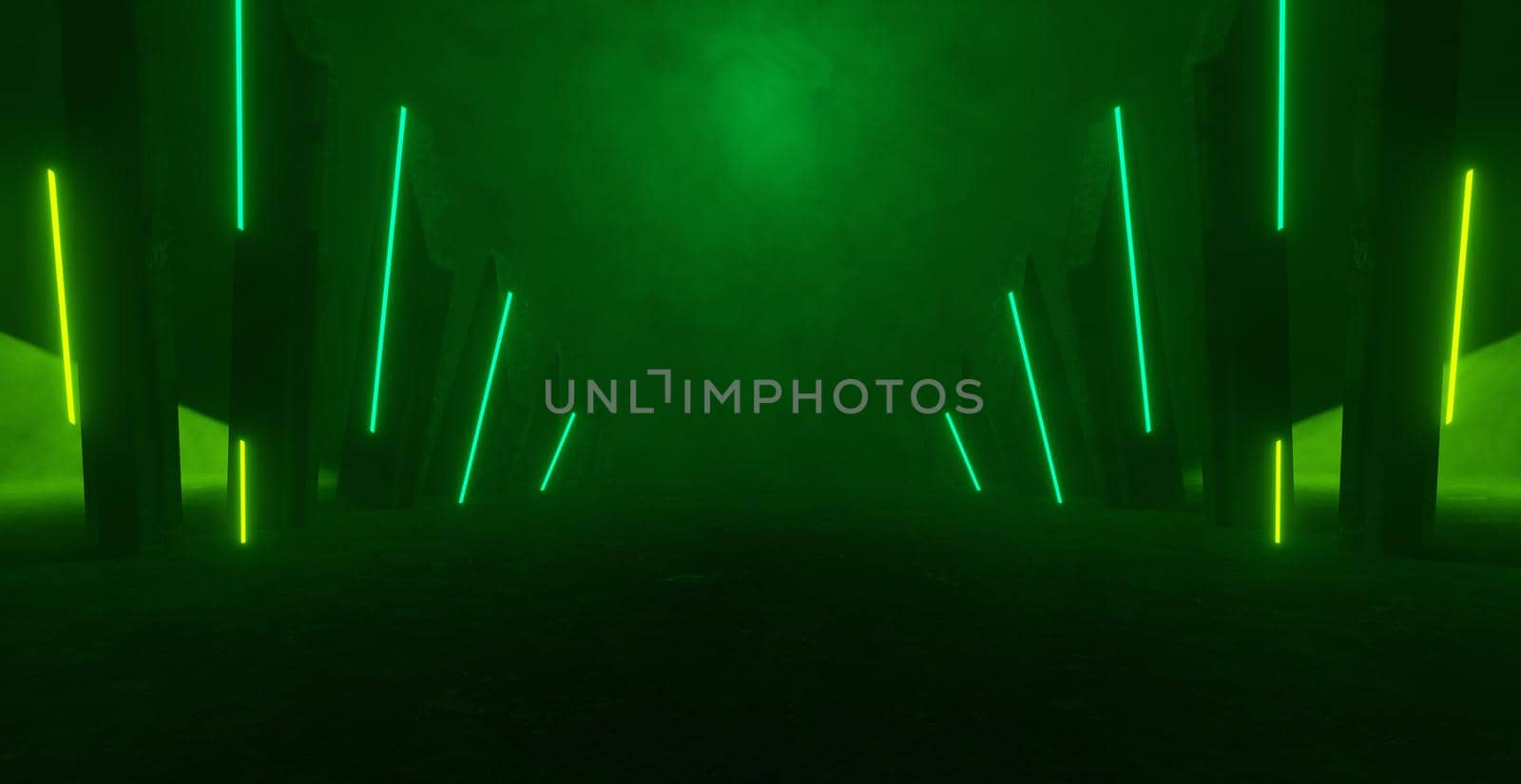 Breathtaking Ultramodern Empty Cinematic Volumetrics Dark Green Cyber Warehouse Futuristic Interior Background Wallpaper 3D Illustration