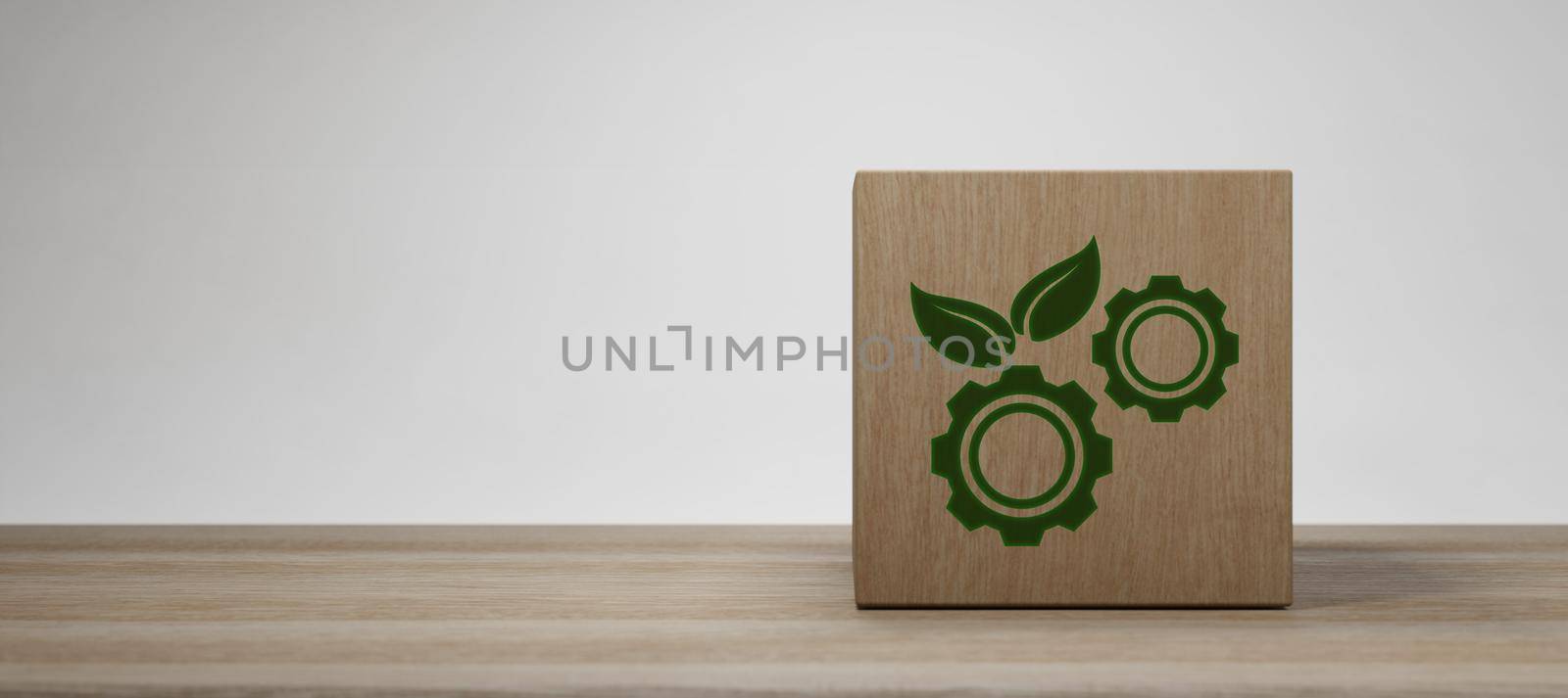 leaf and gears wooden block 3d rendering