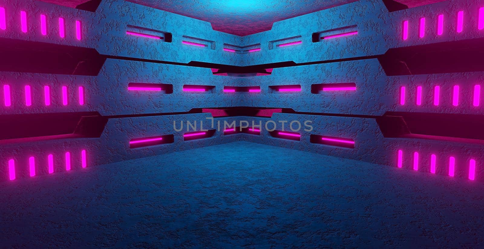 Futuristic Industrial Garage Underground Hangar Corridor Scene Spotlight Dark Purple Illustrative Banner Background Wallpaper Alien Concept 3D Illustration by yay_lmrb